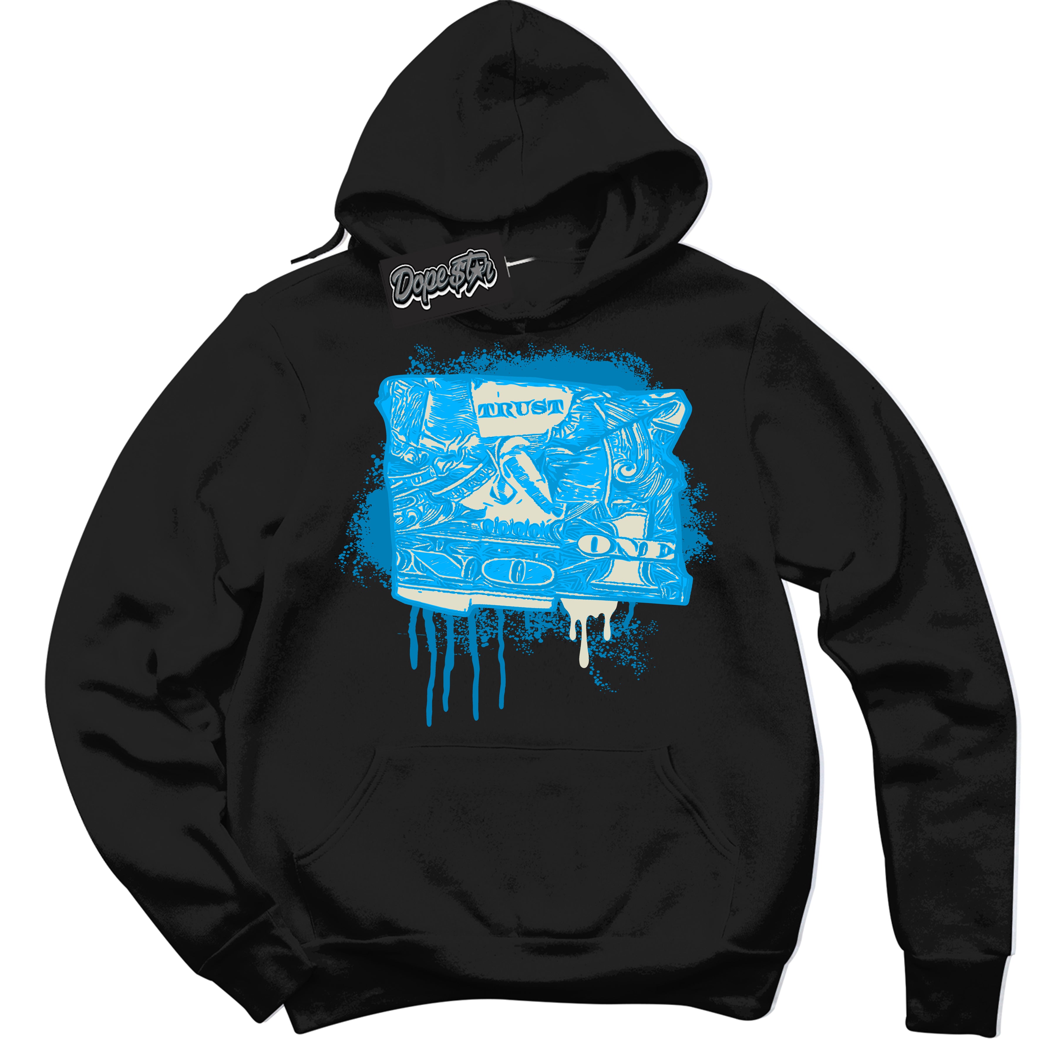 Dunk Low Coconut Milk University Blue 'Trust No One Dollar' Hoodie – Black Streetwear Sweatshirt | Sneaker Matching Hoodie for Dunk Low Coconut Milk University Blue | Urban Fashion for Trust No One Dollars | Men's & Women's Streetwear Outfit by Sneaker Shirts Outlet.