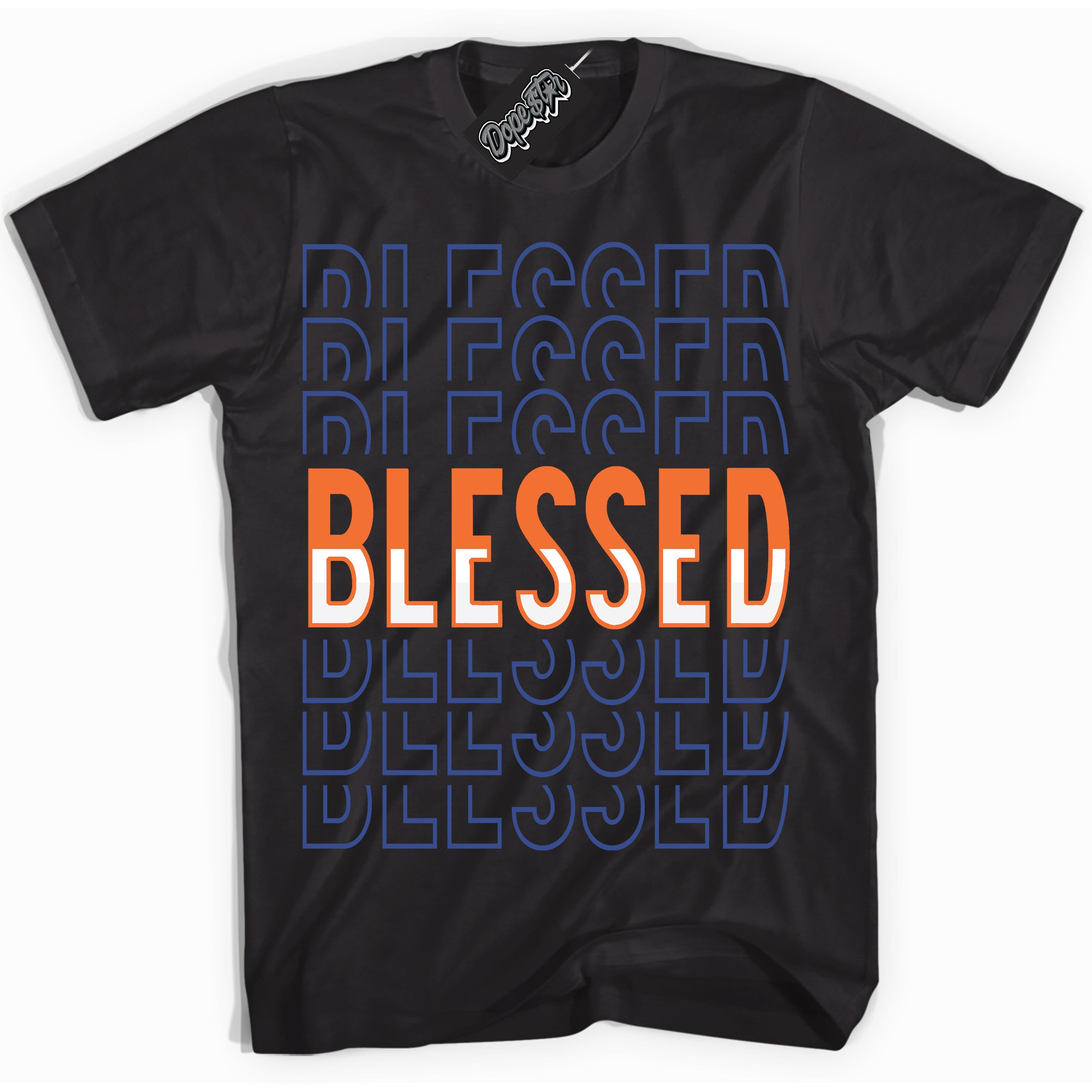 Cool Black Shirt with “ Blessed Stacked ” design that perfectly matches Low Knicks.