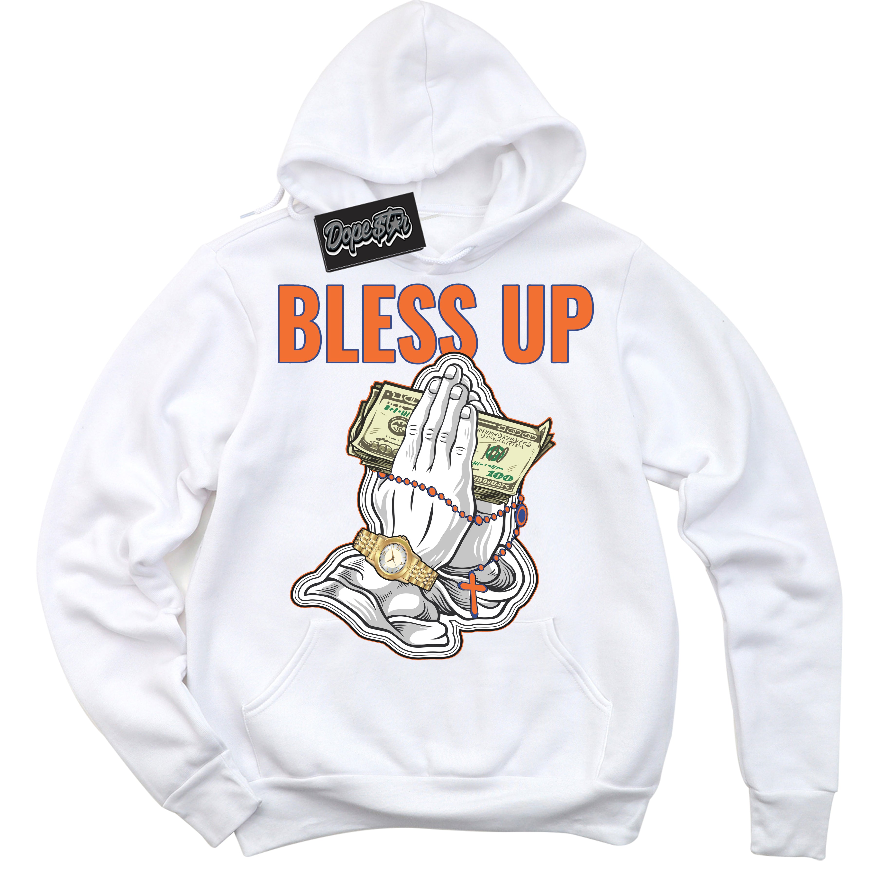 Cool White Hoodie with “ Bless Up ” design that Perfectly Matches Low Knicks.