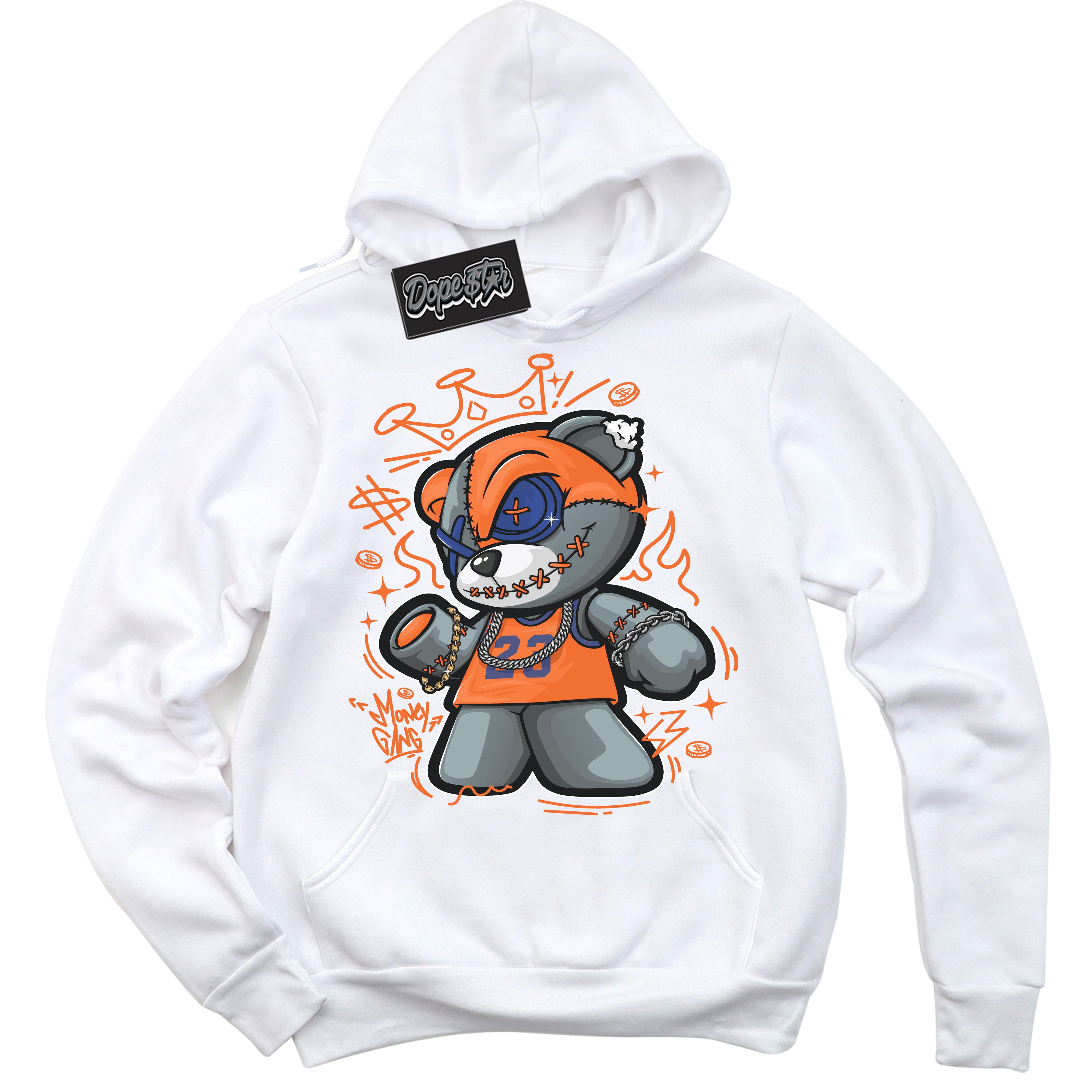 Cool White Hoodie with “ Money Gang Bear ” design that Perfectly Matches Low Knicks.