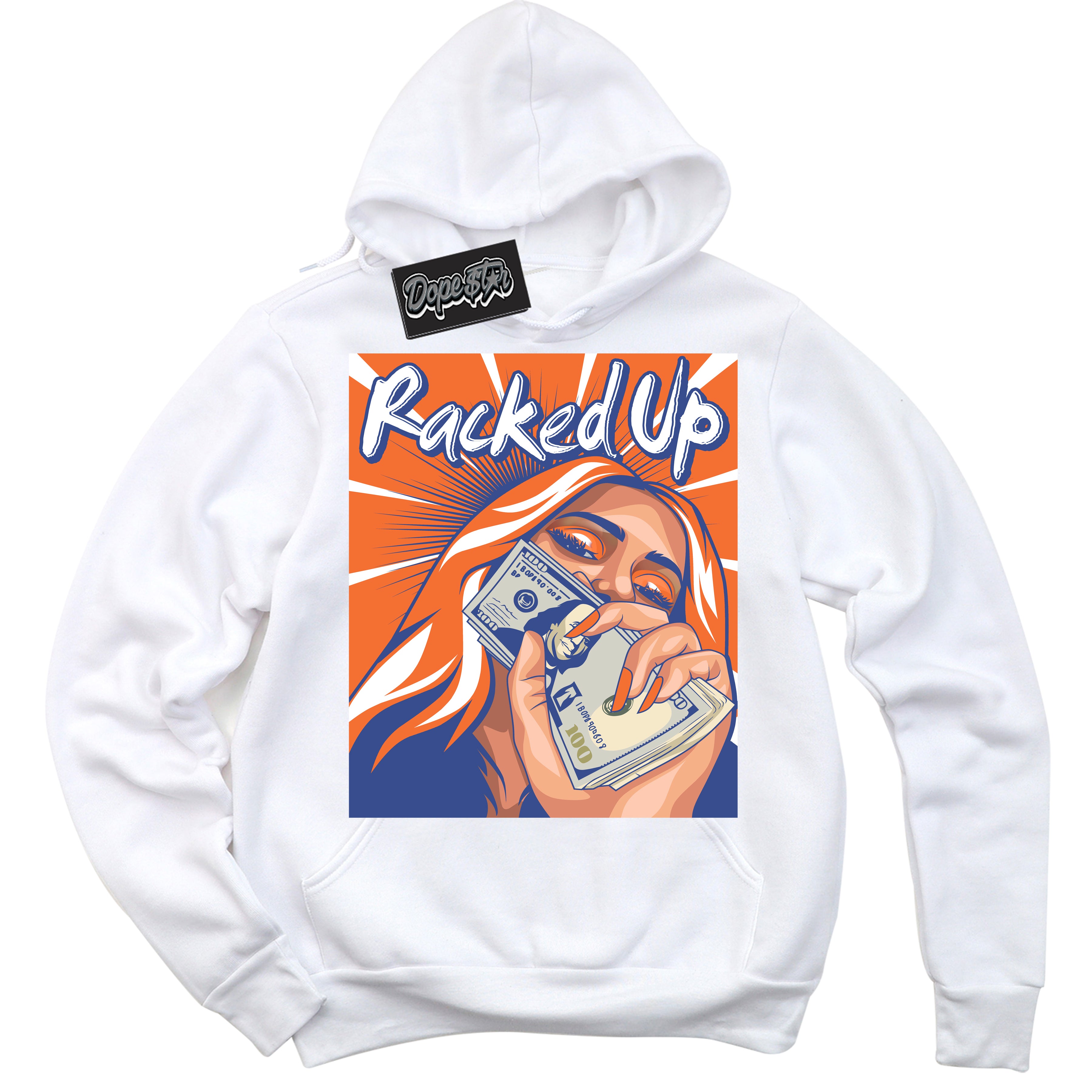 Cool White Hoodie with “ Racked Up ” design that Perfectly Matches Low Knicks.