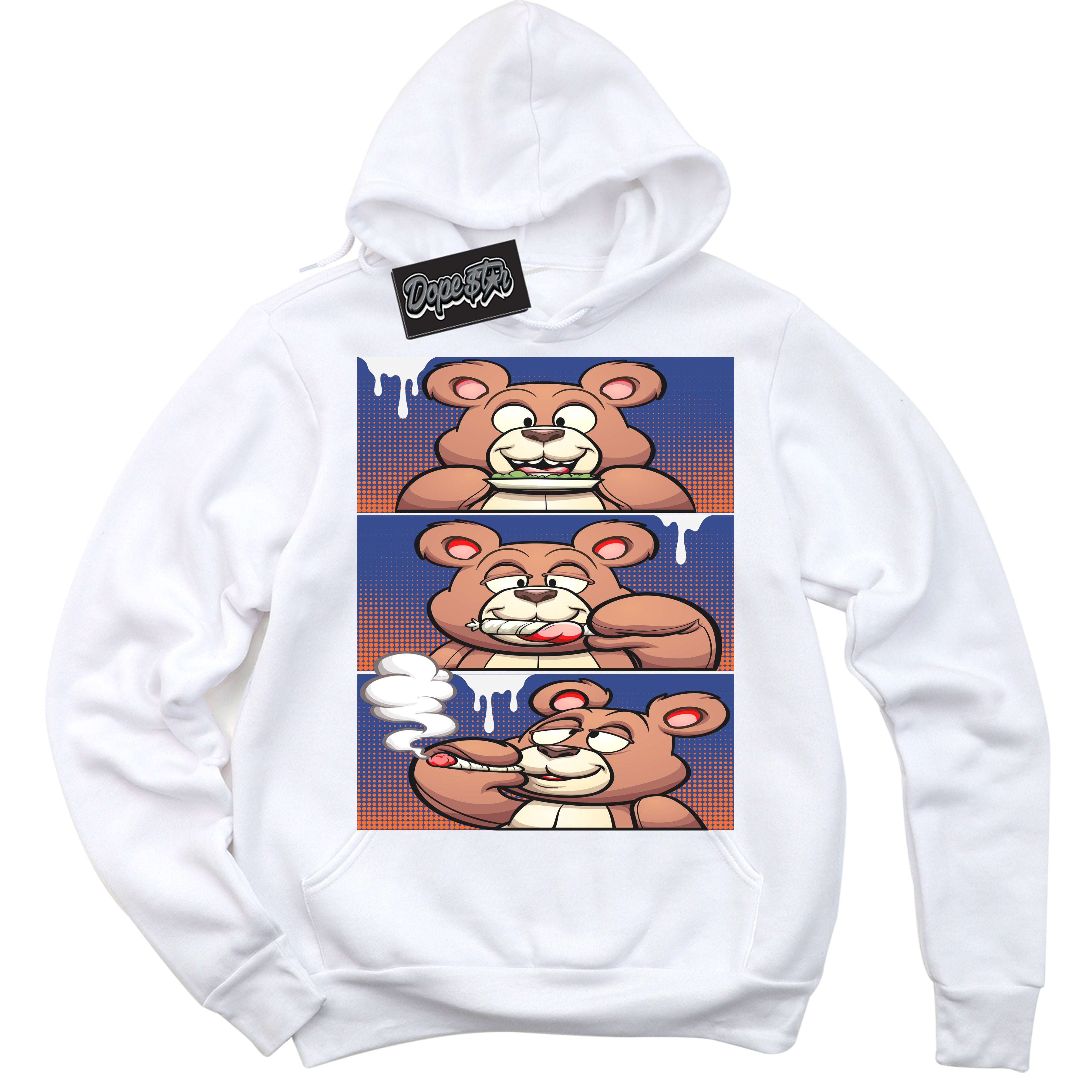 Cool White Hoodie with “ Roll It Lick It Smoke It Bear ” design that Perfectly Matches Low Knicks.