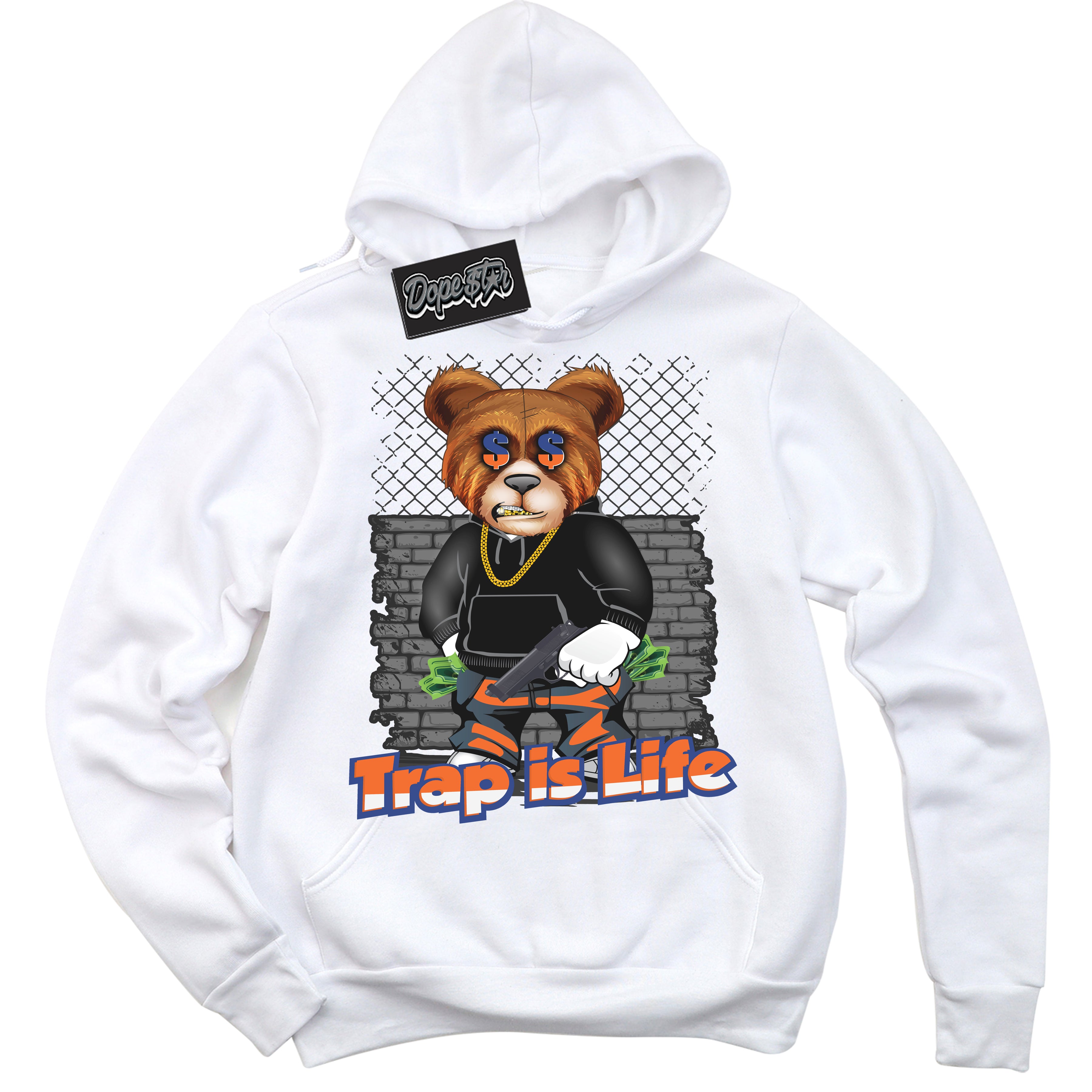 Cool White Hoodie with “ Trap Is Life ” design that Perfectly Matches Low Knicks.