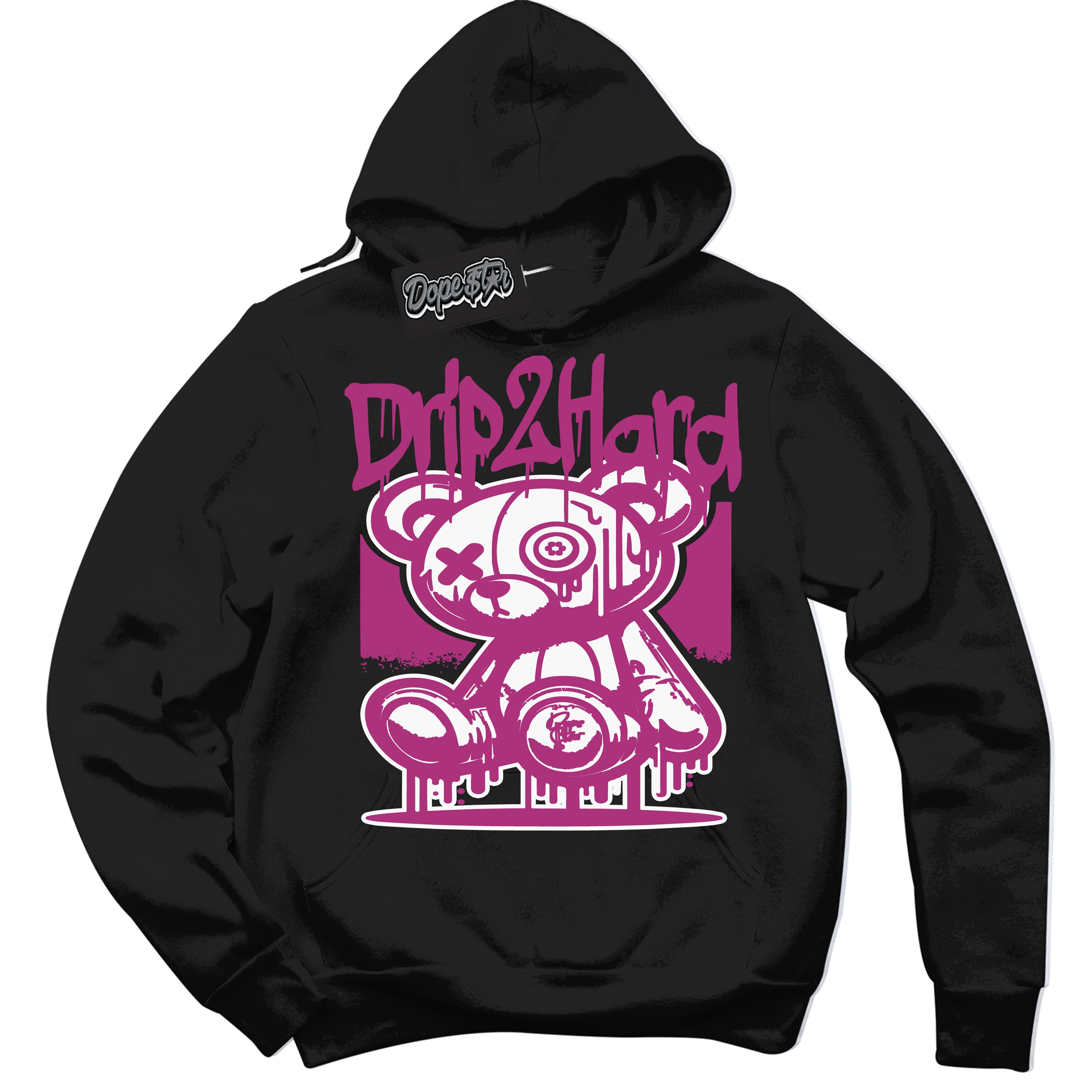 Dunk Low Next Nature Hot Fuchsia 'Drip 2 Hard' Hoodie – Black Streetwear Sweatshirt | Sneaker Matching Hoodie for Dunk Low Hot Fuchsia | Urban Fashion for Sneakerheads | Men's & Women's Streetwear Outfit by Sneaker Shirts Outlet.