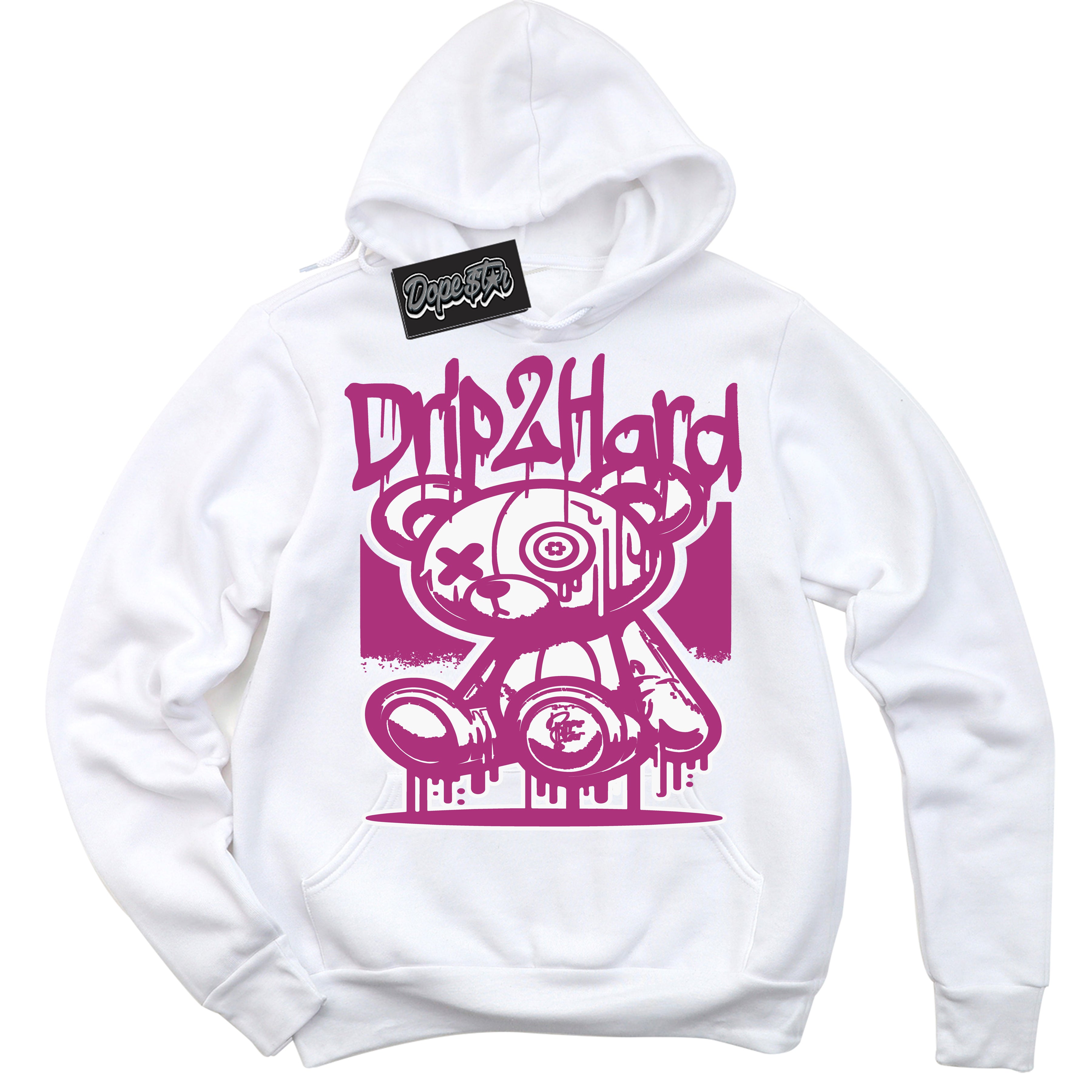 Dunk Low Next Nature Hot Fuchsia 'Drip 2 Hard' Hoodie – White Streetwear Sweatshirt | Sneaker Matching Hoodie for Dunk Low Hot Fuchsia | Urban Fashion for Sneakerheads | Men's & Women's Streetwear Outfit by Sneaker Shirts Outlet.