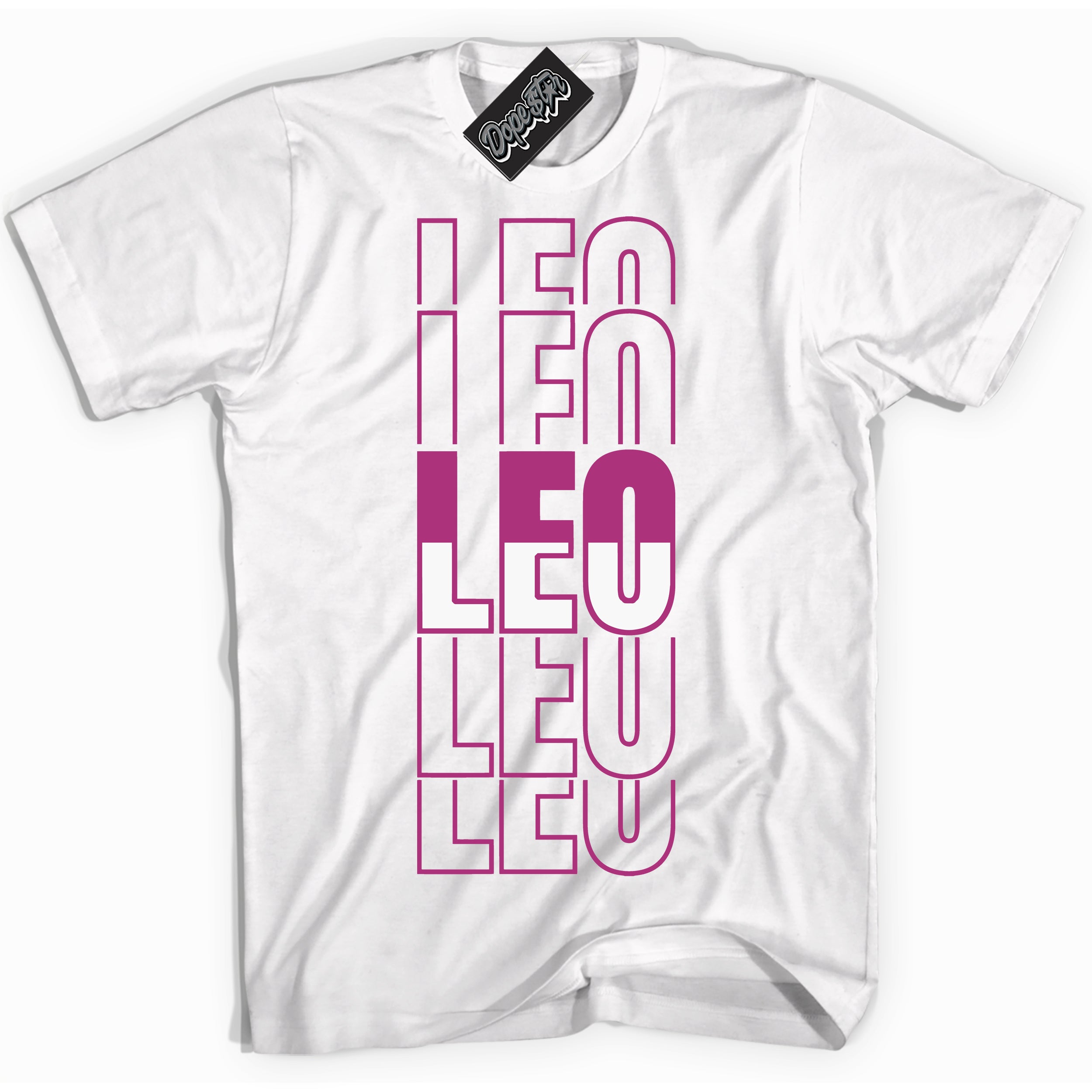 Dunk Low Next Nature Hot Fuchsia Dunk 'Leo' Shirt - White Streetwear Mockup | Sneakerhead T-Shirt Matching Dunk Low Next Nature Hot Fuchsia Dunk | Leo Urban Streetwear for Sneaker Matching OOTD | Outfits that pair perfectly with your ND Low Next Nature Hot Fuchsia Dunk | Sneakerhead Fashion Must-Have Apparel for Men and Women.