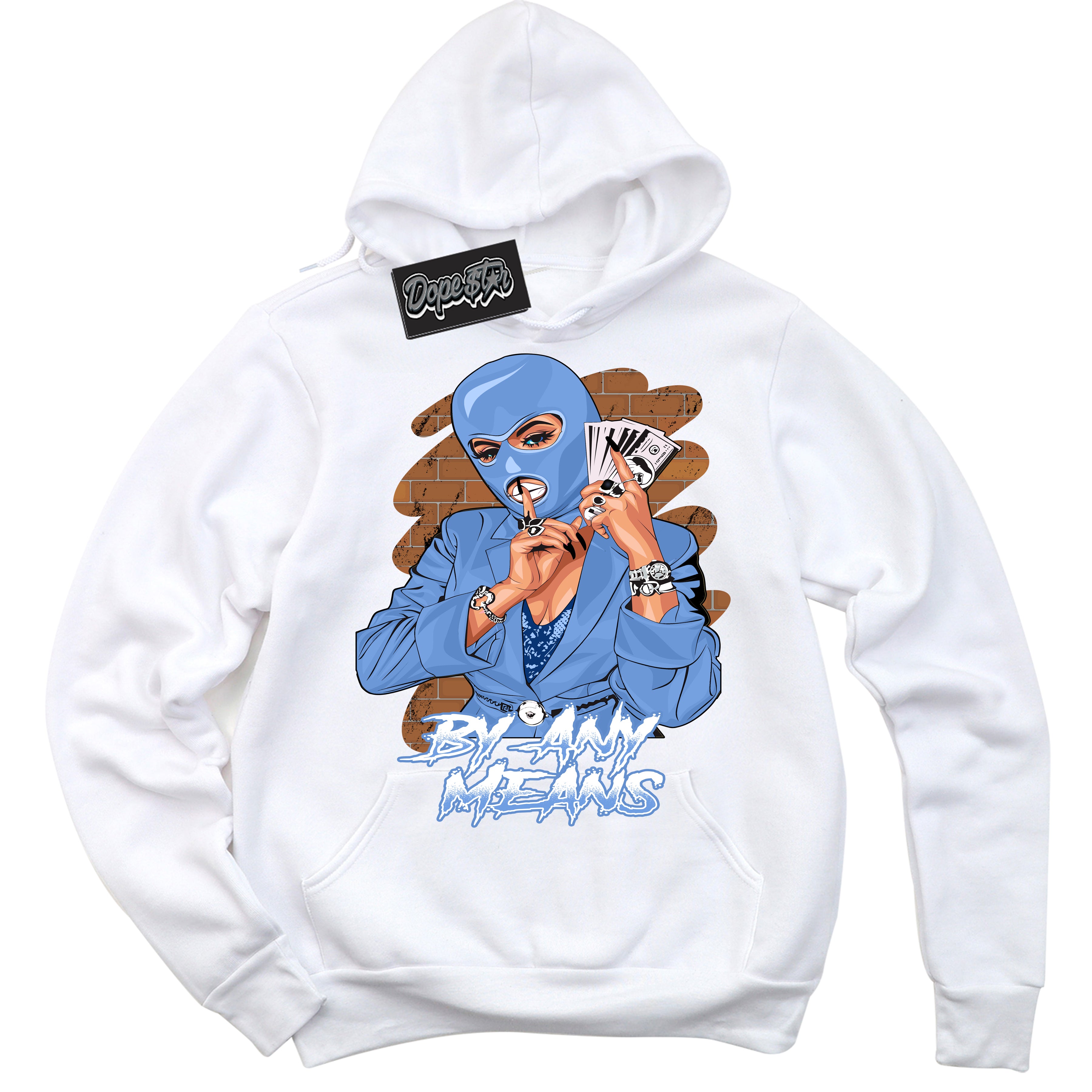 Cool White Hoodie with “ By Any Means ”  design that Perfectly Matches Polar Blue Dunk.