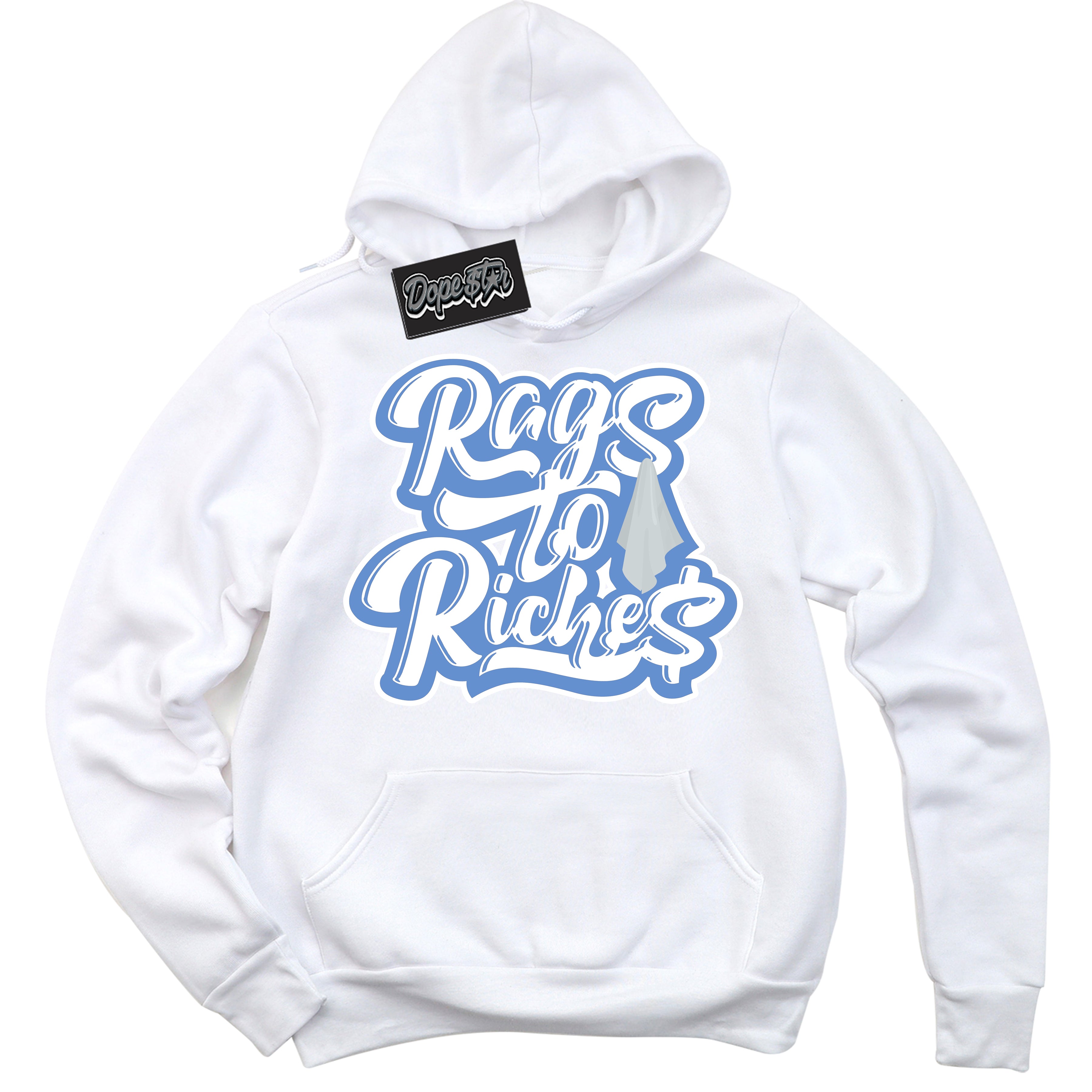 Cool White Hoodie with “ Rags To Riches ”  design that Perfectly Matches Polar Blue Dunk.