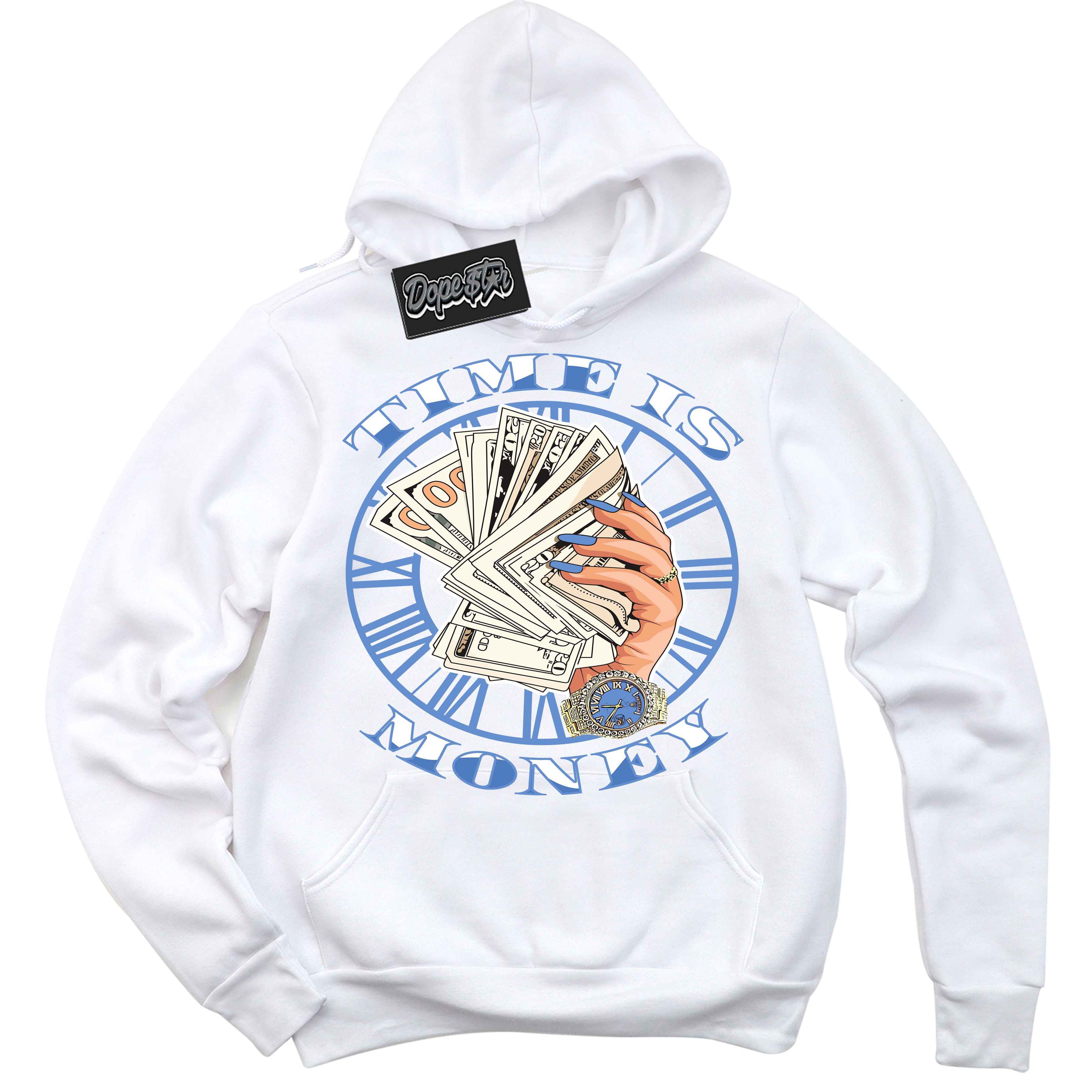 Cool White Hoodie with “ Time Is Money ”  design that Perfectly Matches Polar Blue Dunk.