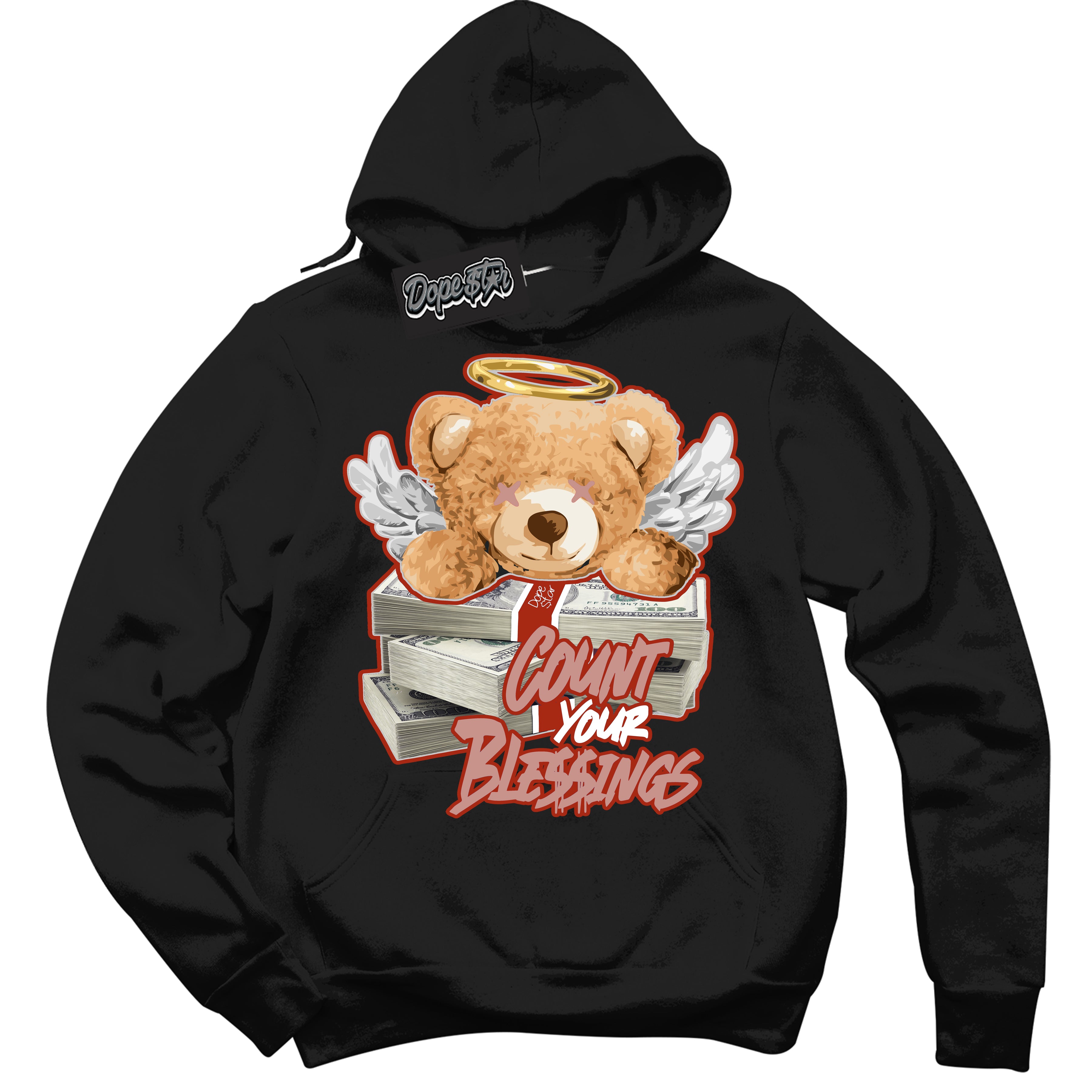 Cool Black Hoodie with “ Count Your Blessings ” design that Perfectly Matches Red Stardust Dunk.