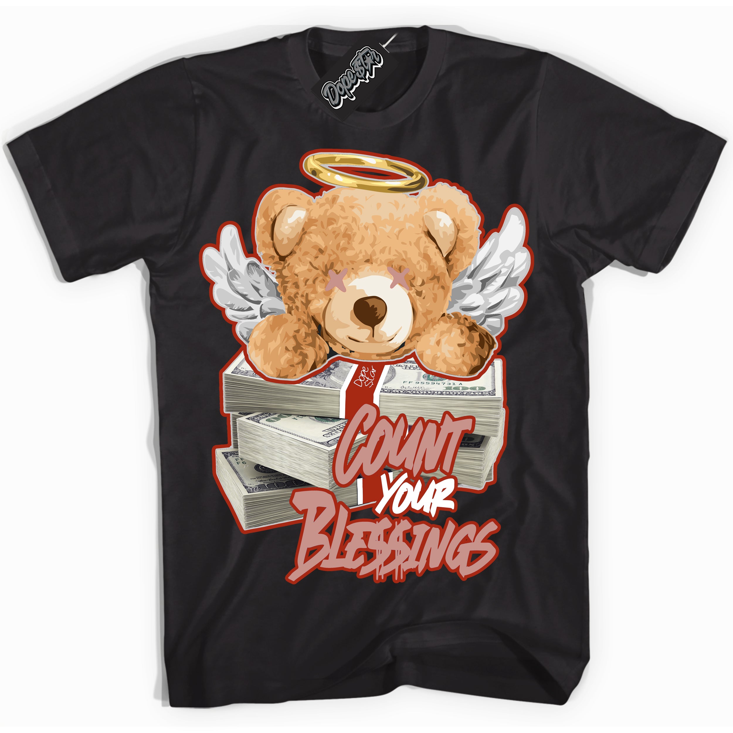 Cool Black Shirt with “ Count Your Blessings ” design that perfectly matches Red Stardust Dunk.