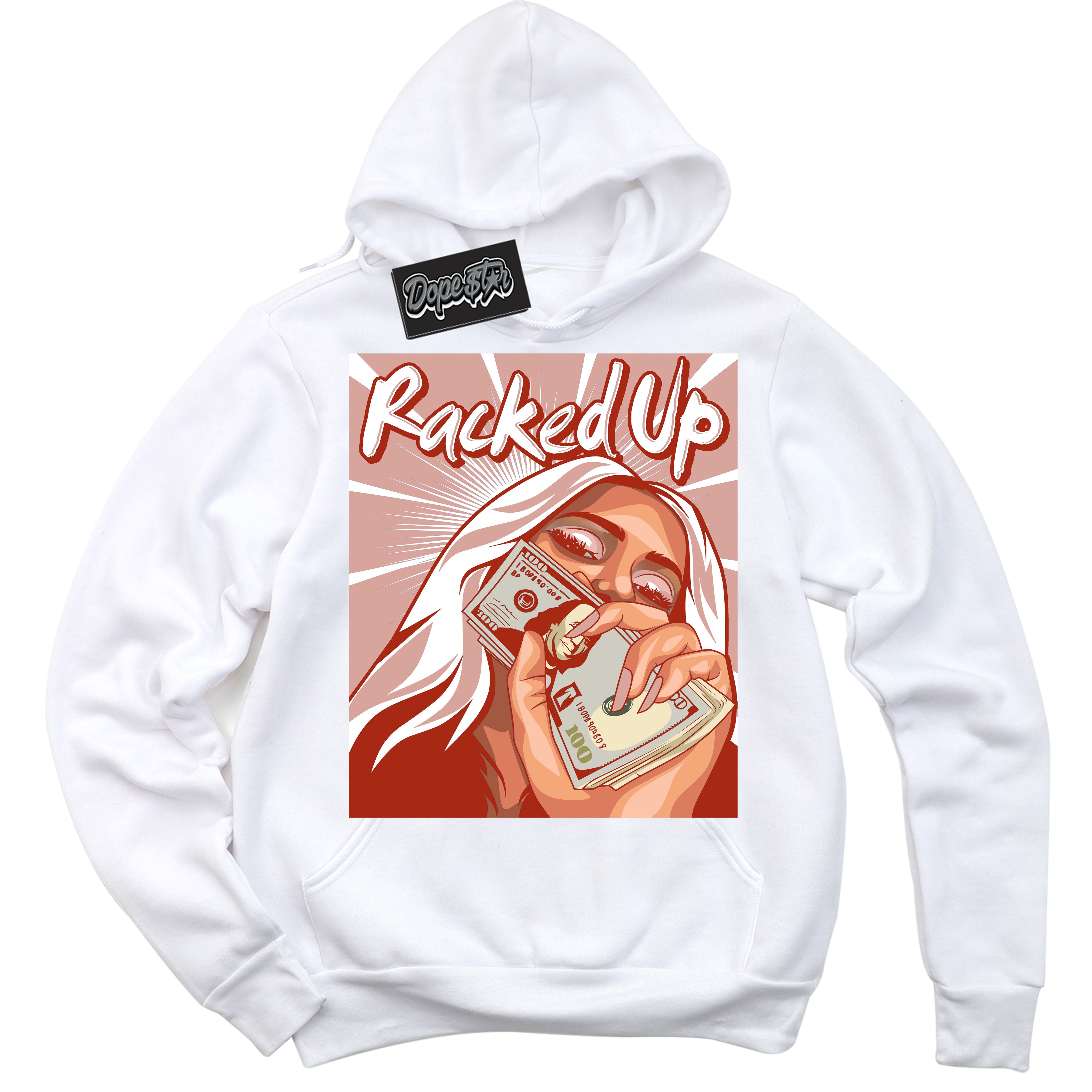 Cool White Hoodie with “ Racked Up ” design that Perfectly Matches Red Stardust Dunk.