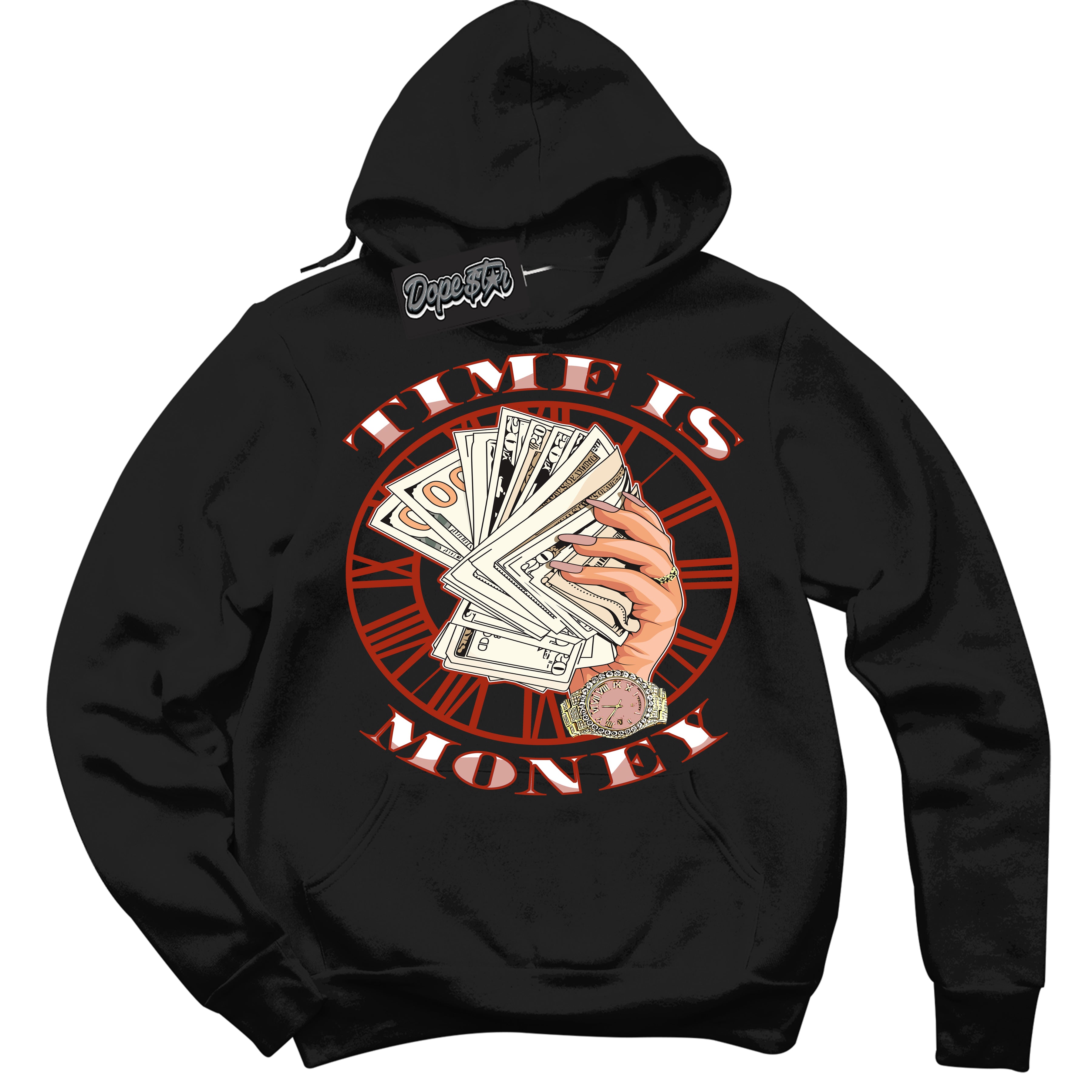 Cool Black Hoodie with “ Time Is Money ” design that Perfectly Matches Red Stardust Dunk.