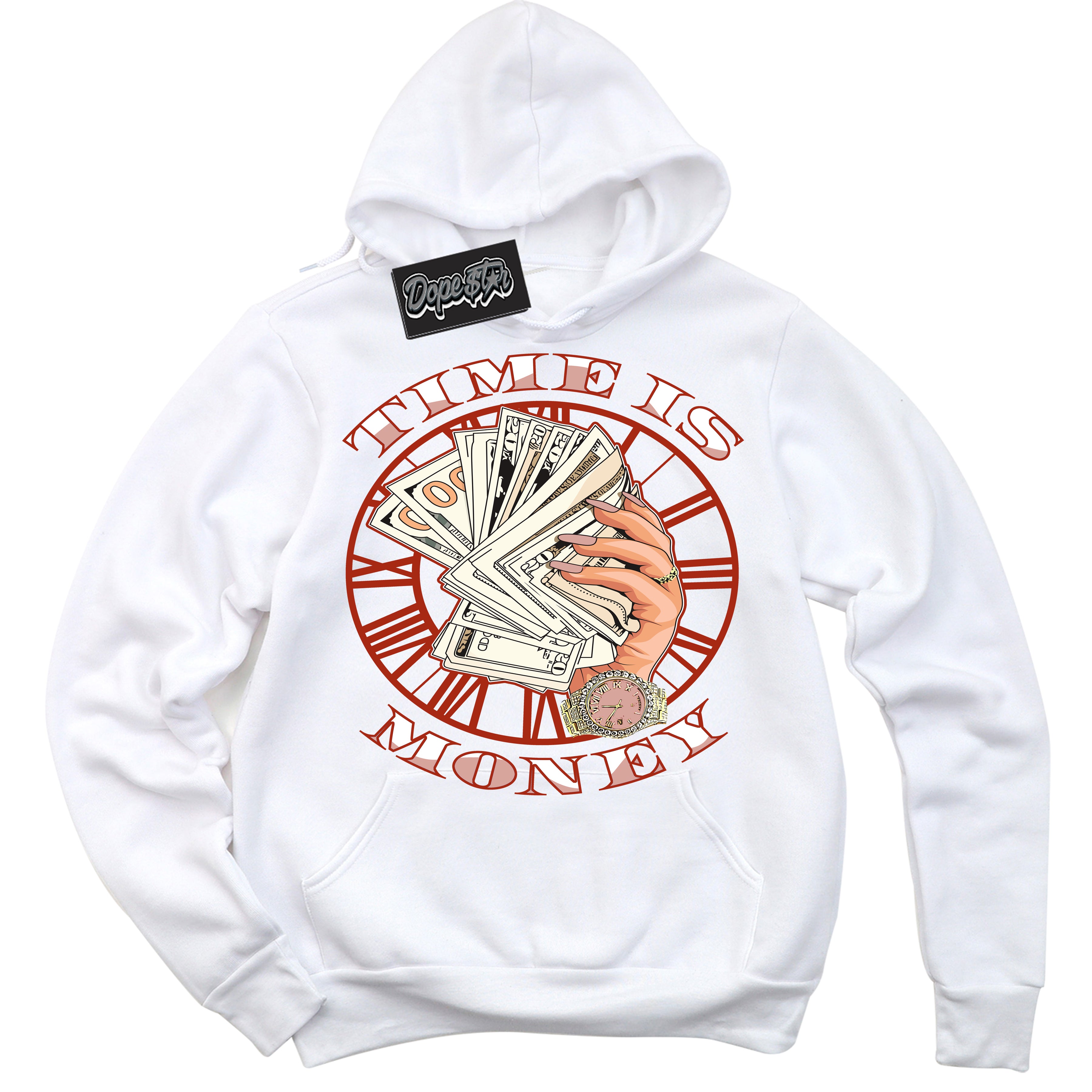 Cool White Hoodie with “ Time Is Money ” design that Perfectly Matches Red Stardust Dunk.