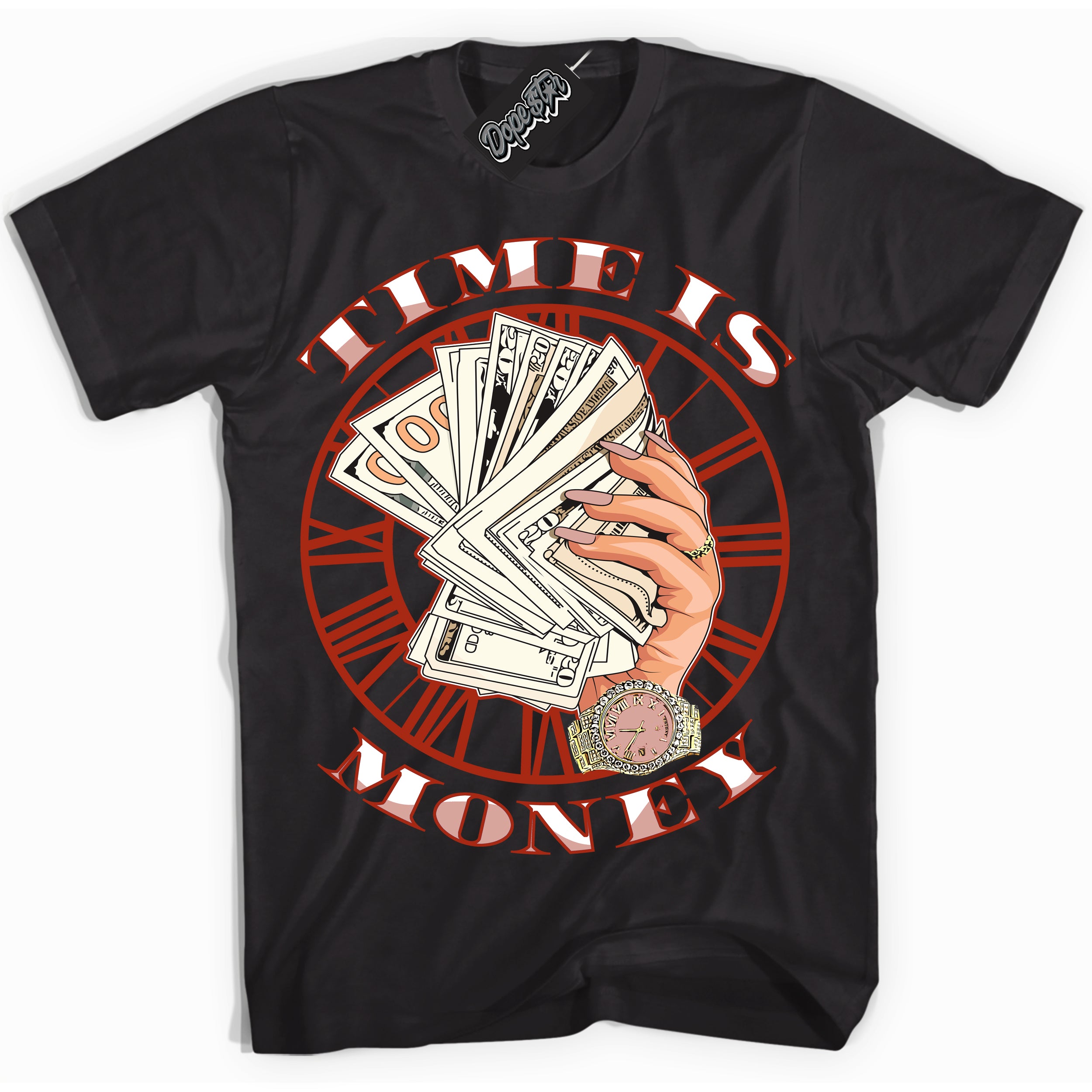 Cool Black Shirt with “ Time Is Money ” design that perfectly matches Red Stardust Dunk.