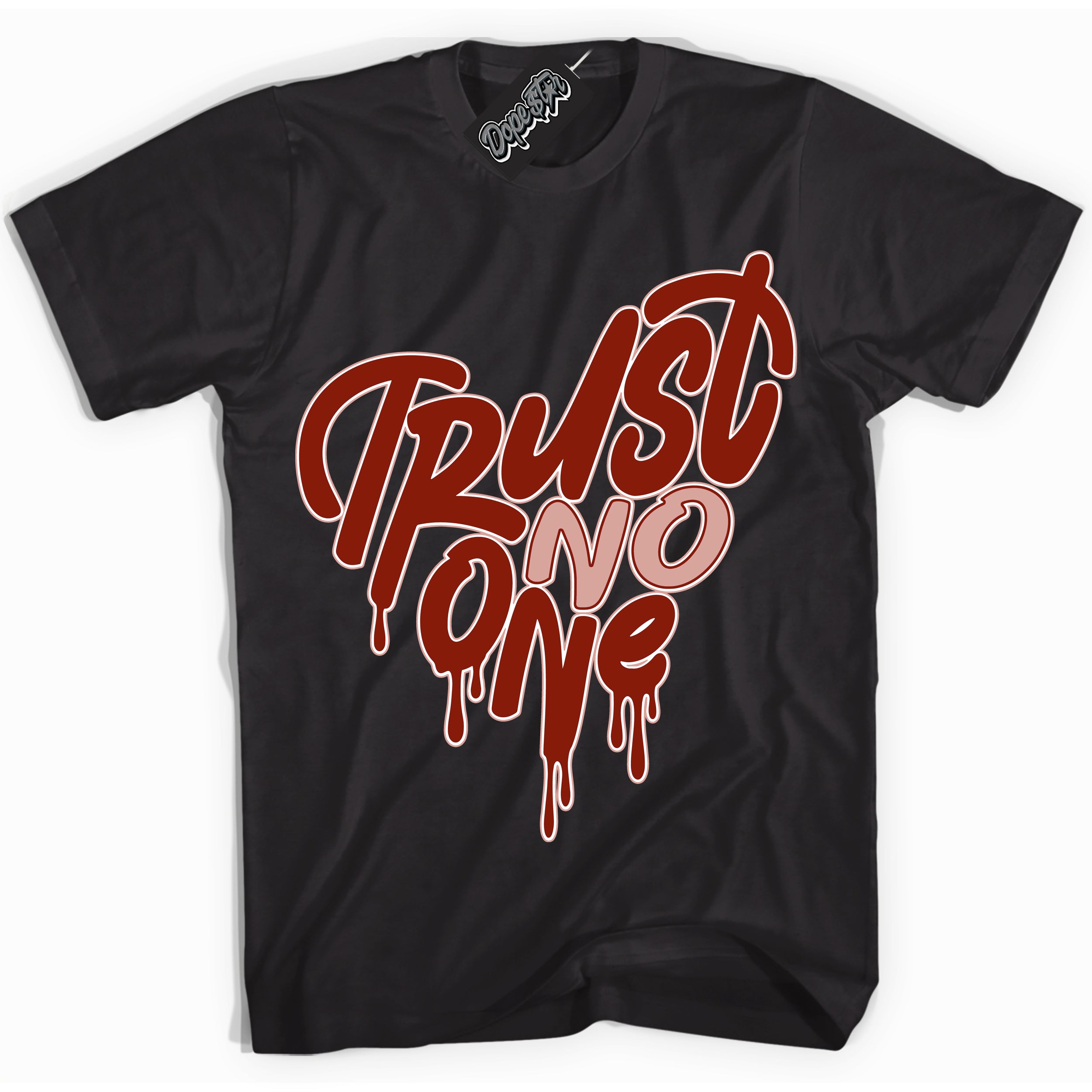Cool Black Shirt with “ Trust No One Heart ” design that perfectly matches Red Stardust Dunk.