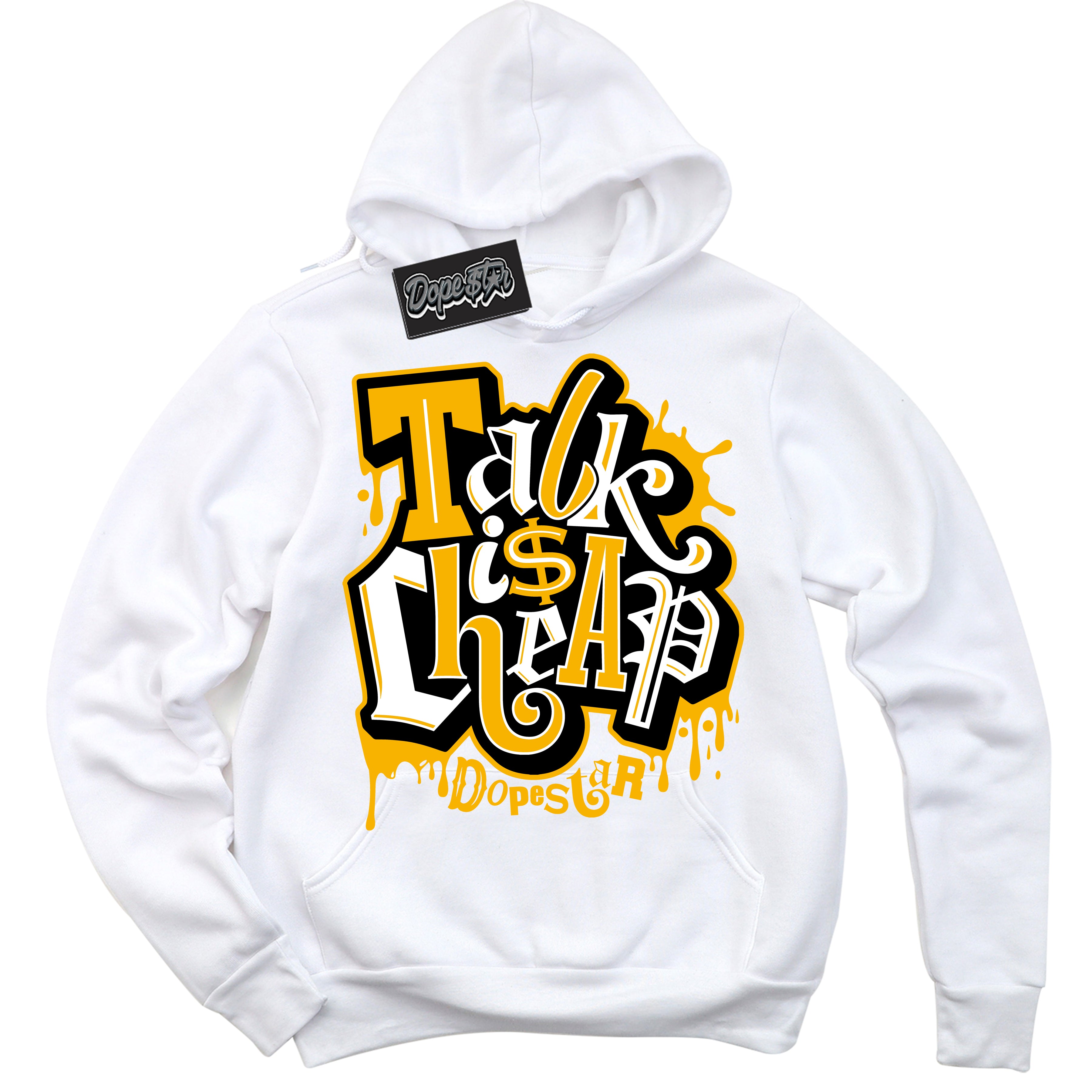 Cool White Hoodie with “ Talk Is Cheap ” design that Perfectly Matches Reverse Goldenrod Sneakers.