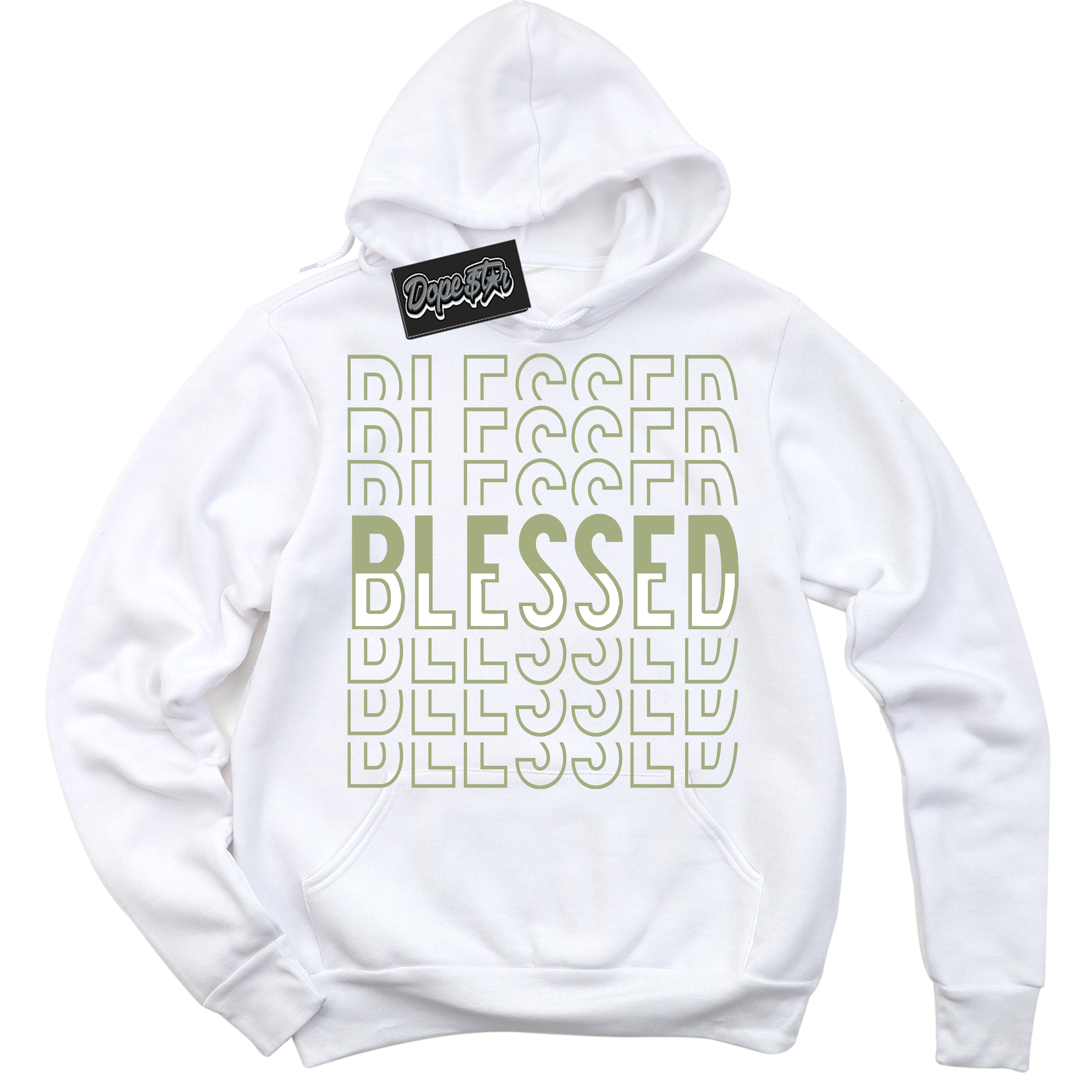 Cool White Hoodie with “ Blessed Stacked ”  design that Perfectly Matches Safari Oil Green Dunk.