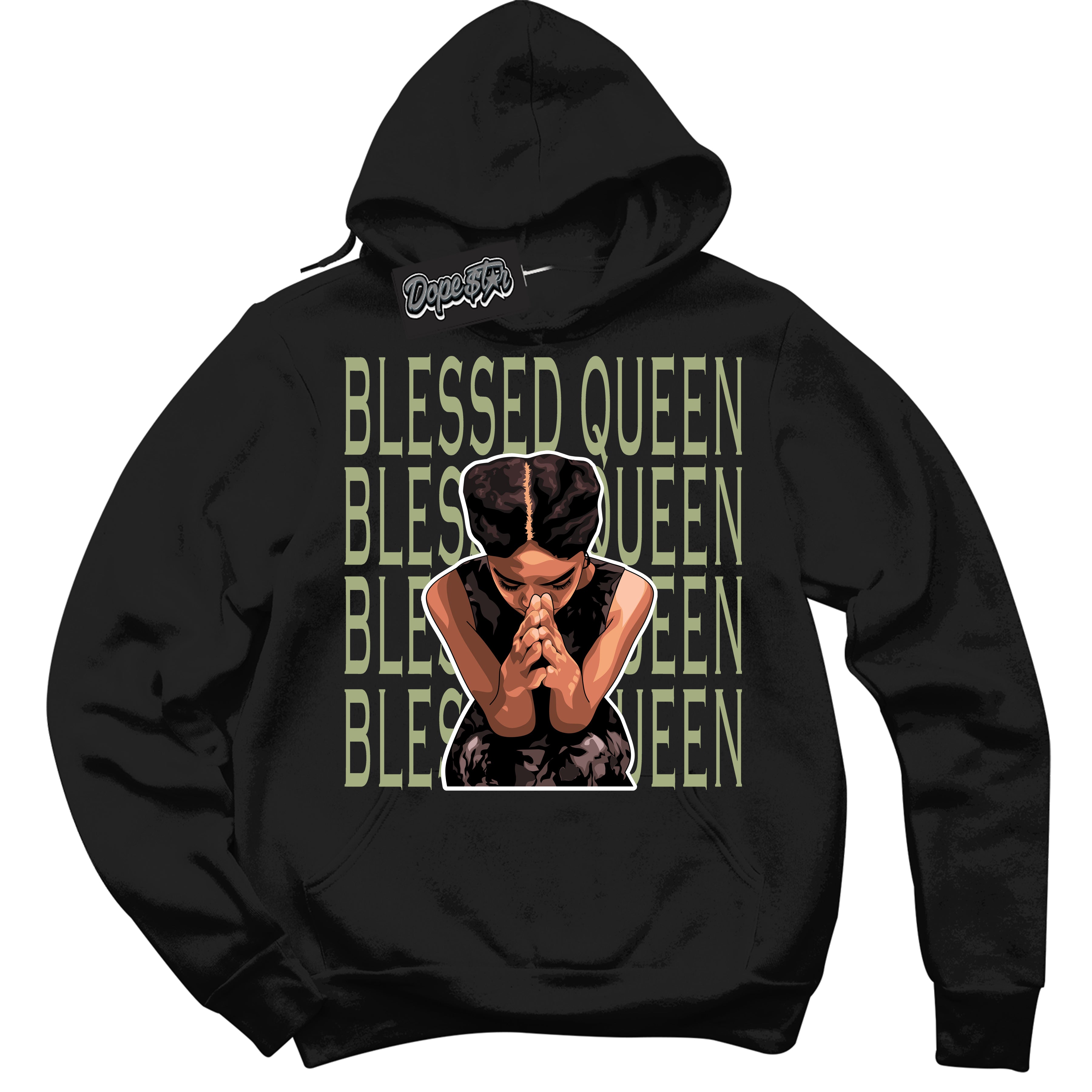 Cool Black Hoodie with “ Blessed Queen ”  design that Perfectly Matches Safari Oil Green Dunk.