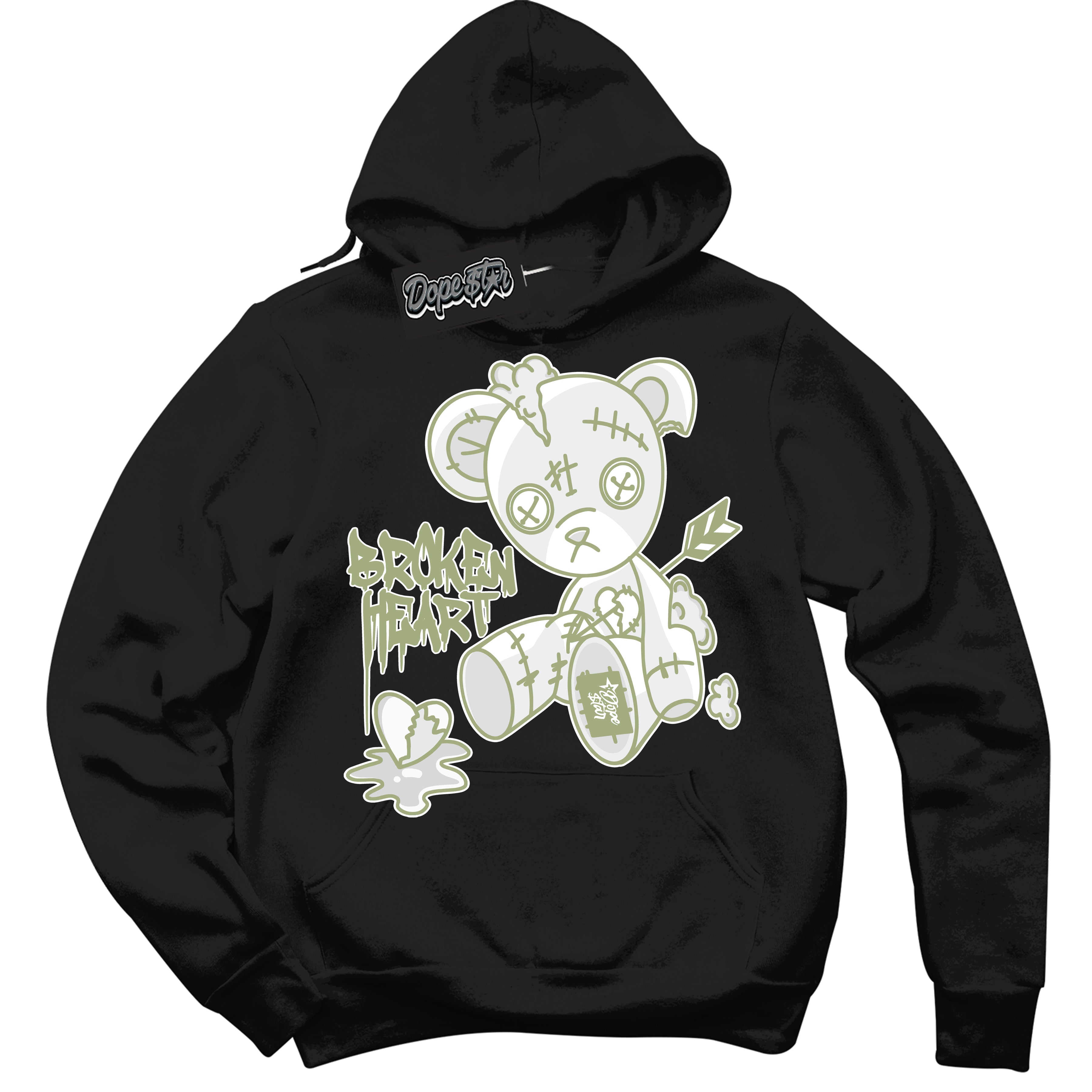 Cool Black Hoodie with “ Broken Heart Bear ”  design that Perfectly Matches Safari Oil Green Dunk.