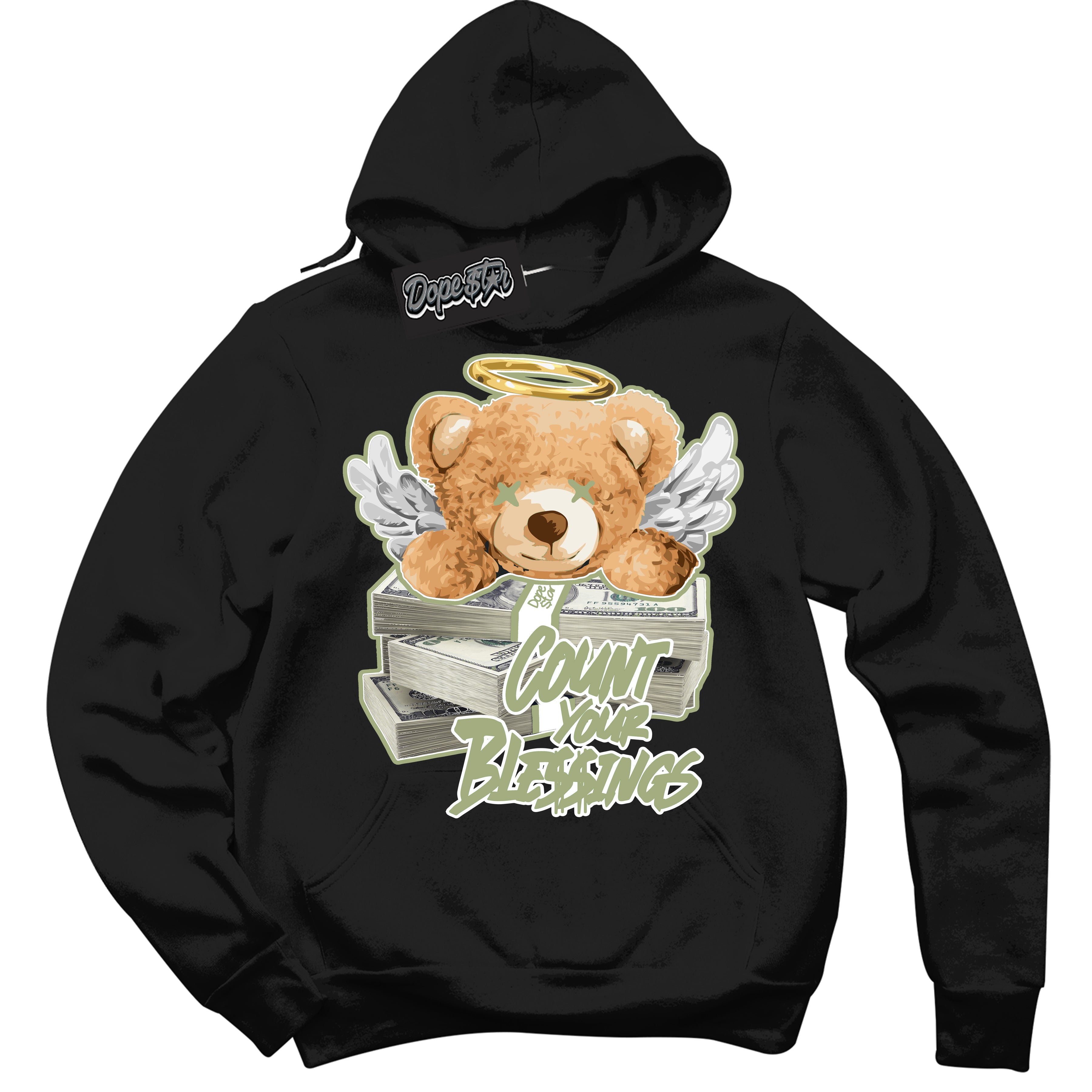 Cool Black Hoodie with “ Count Your Blessings ”  design that Perfectly Matches Safari Oil Green Dunk.