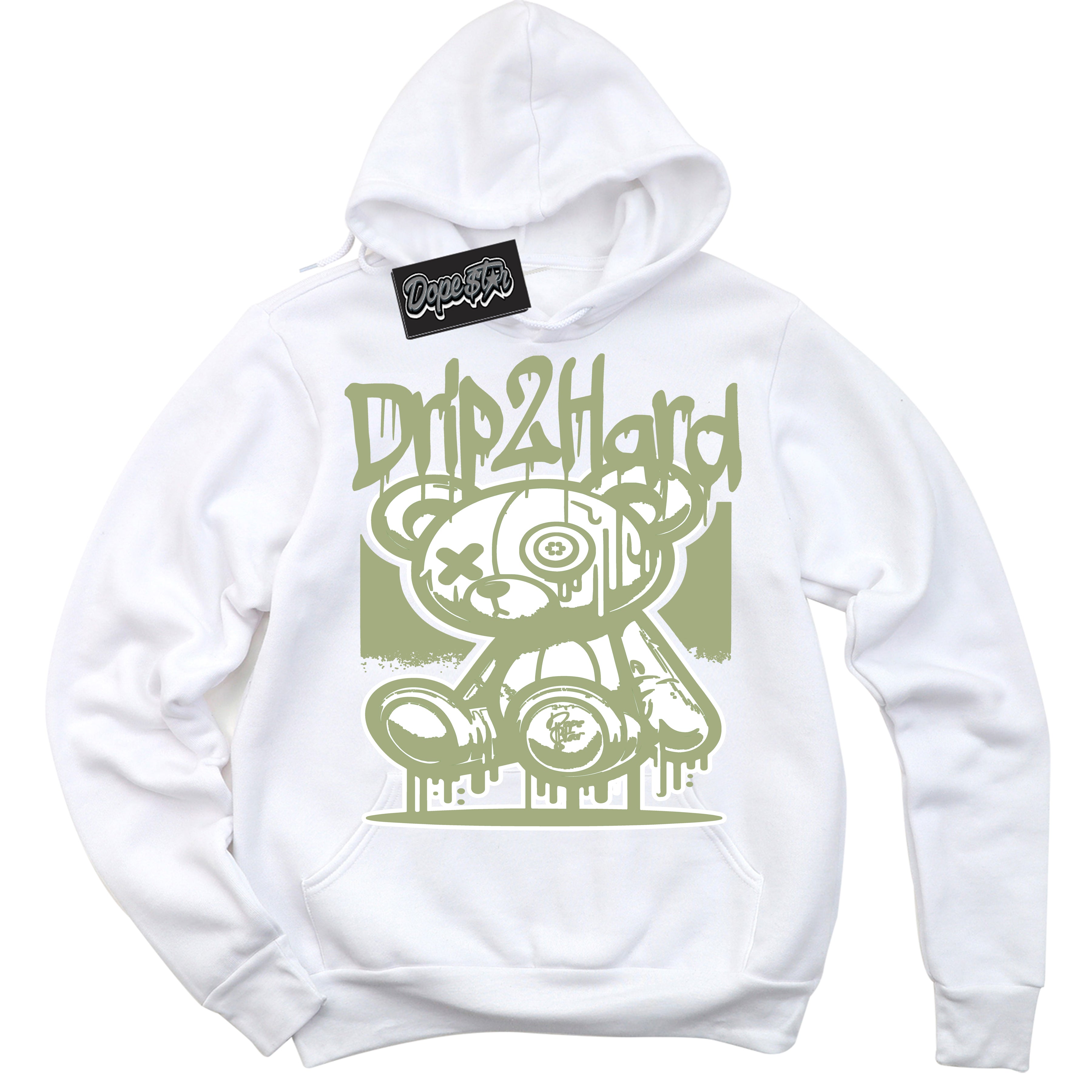 Cool White Hoodie with “ Drip 2 Hard ”  design that Perfectly Matches Safari Oil Green Dunk.
