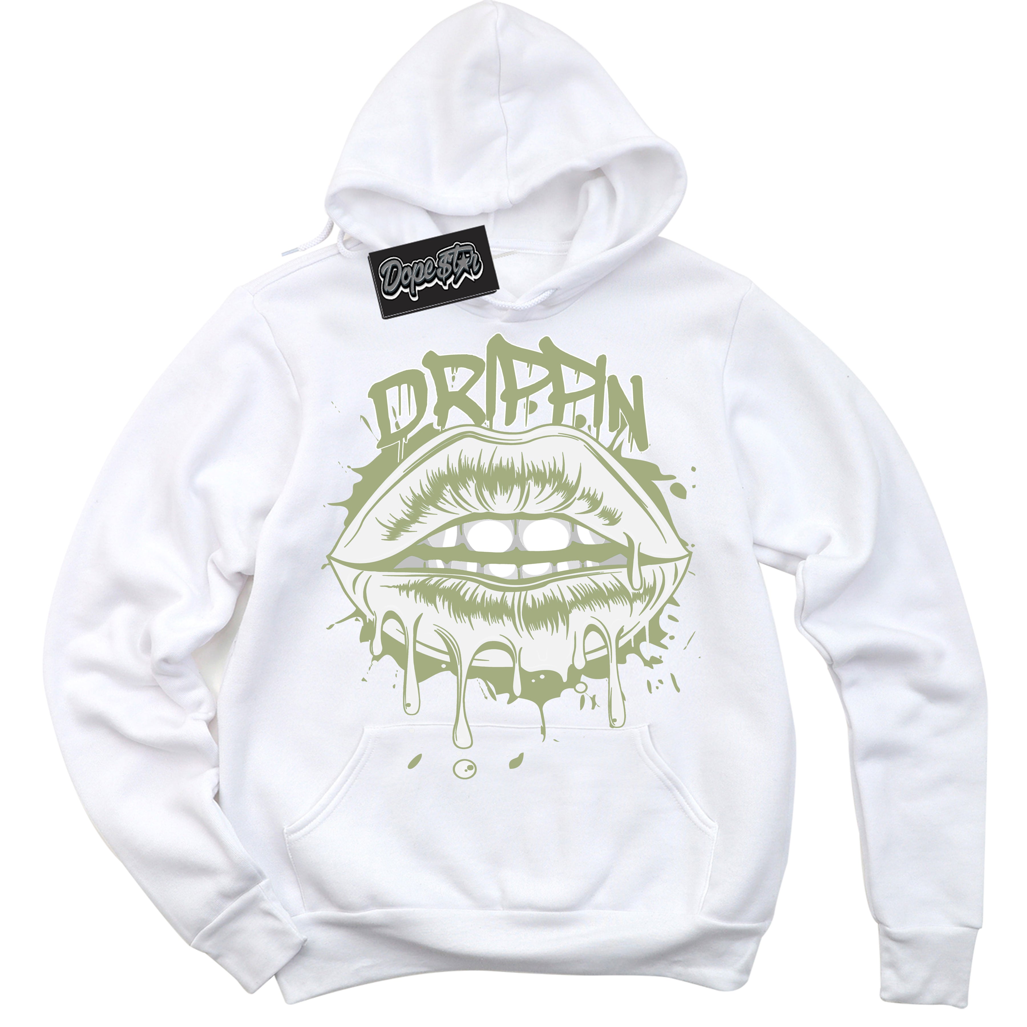 Cool White Hoodie with “ Drippin ”  design that Perfectly Matches Safari Oil Green Dunk.