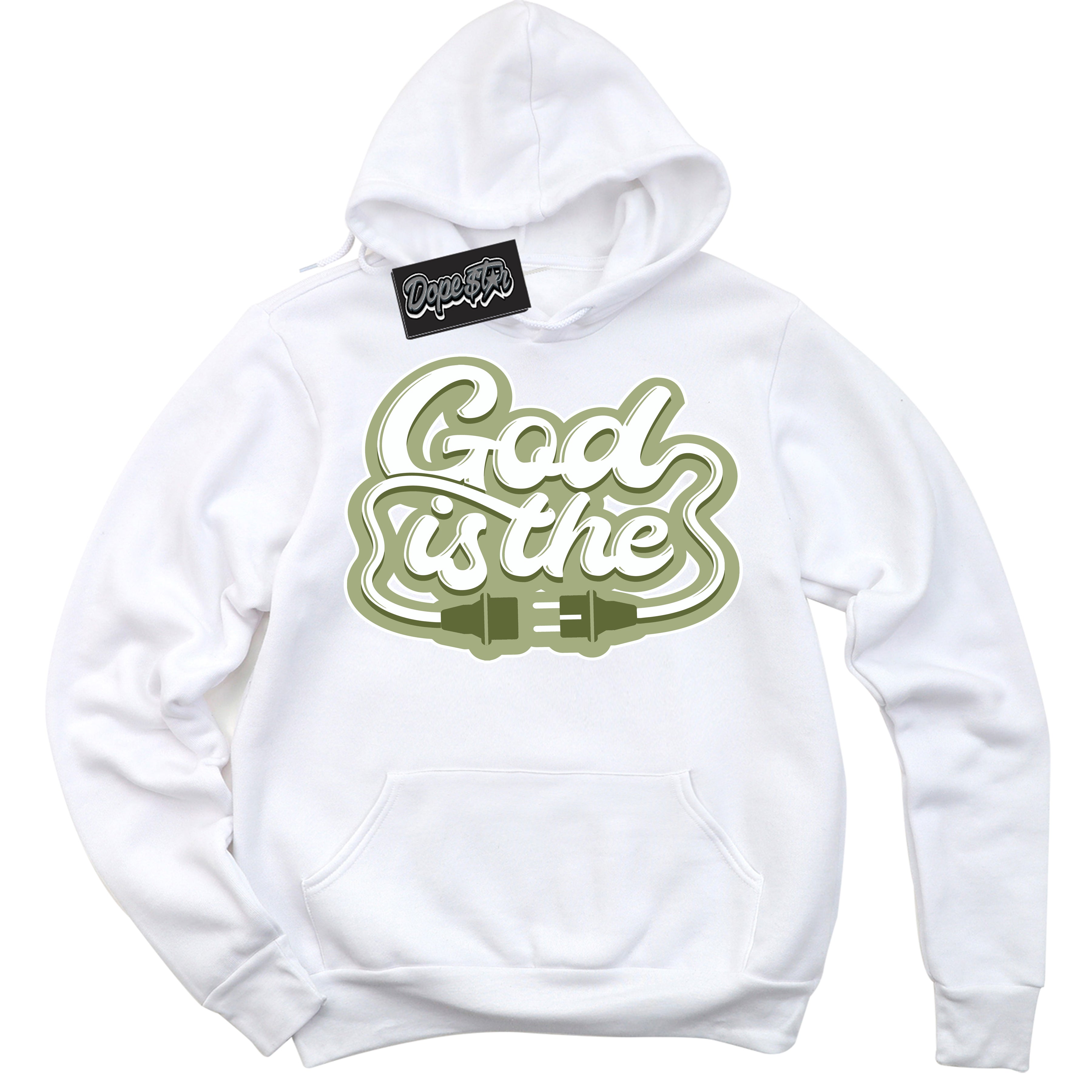 Cool White Hoodie with “ God Is The ”  design that Perfectly Matches Safari Oil Green Dunk.