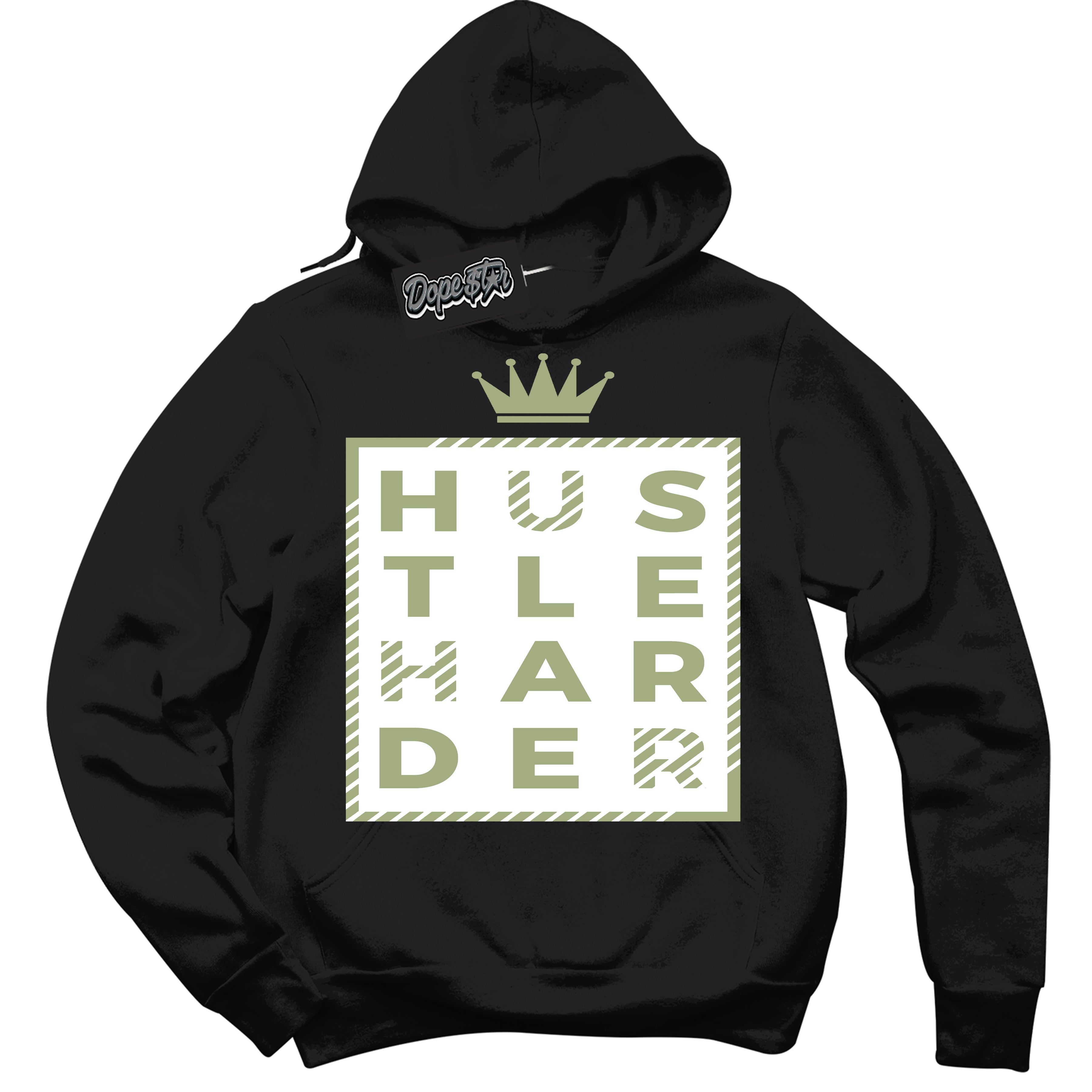 Cool Black Hoodie with “ Hustle Harder ”  design that Perfectly Matches Safari Oil Green Dunk.