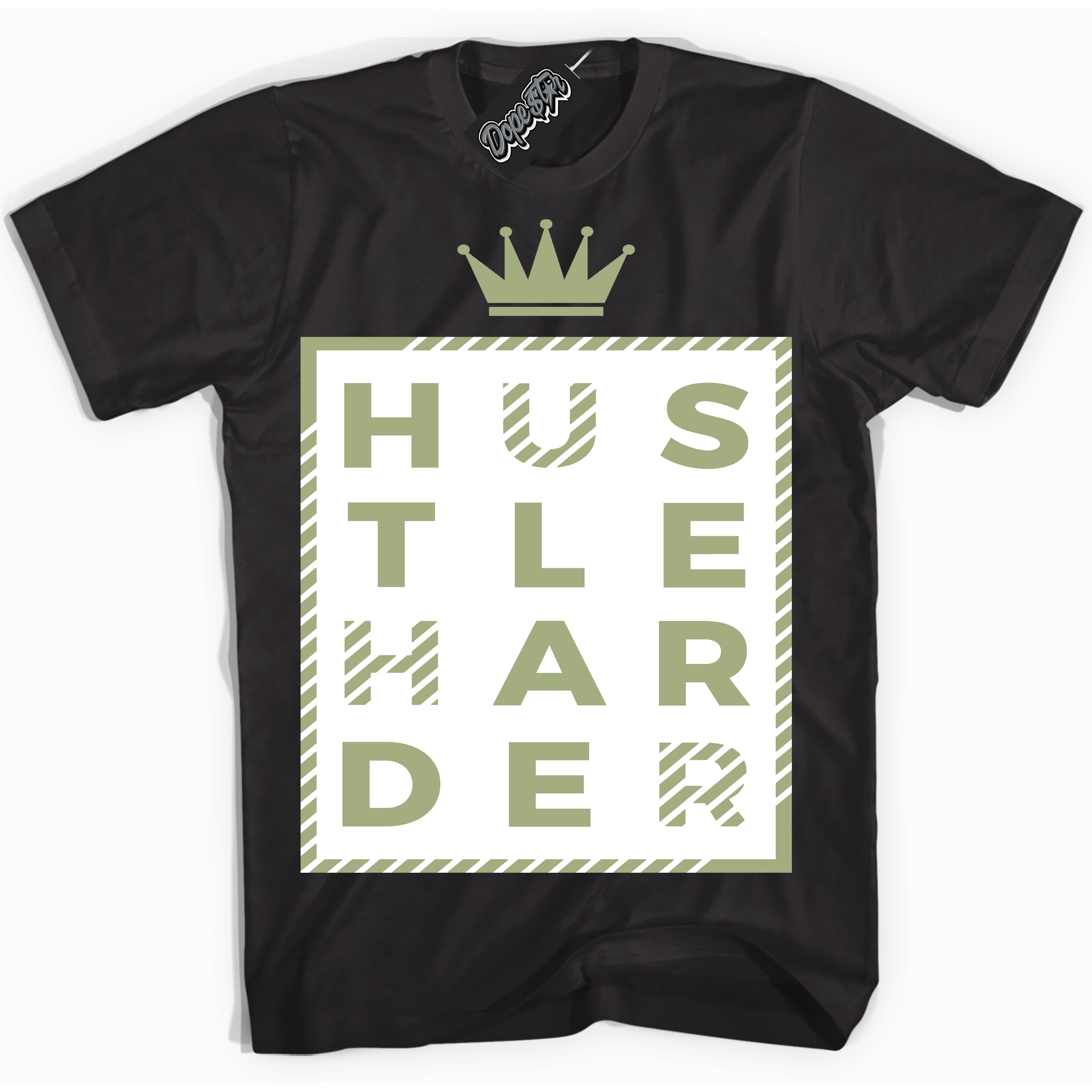 Cool Black Shirt with “ Hustle Harder ” design that perfectly matches Safari Oil Green Dunk.