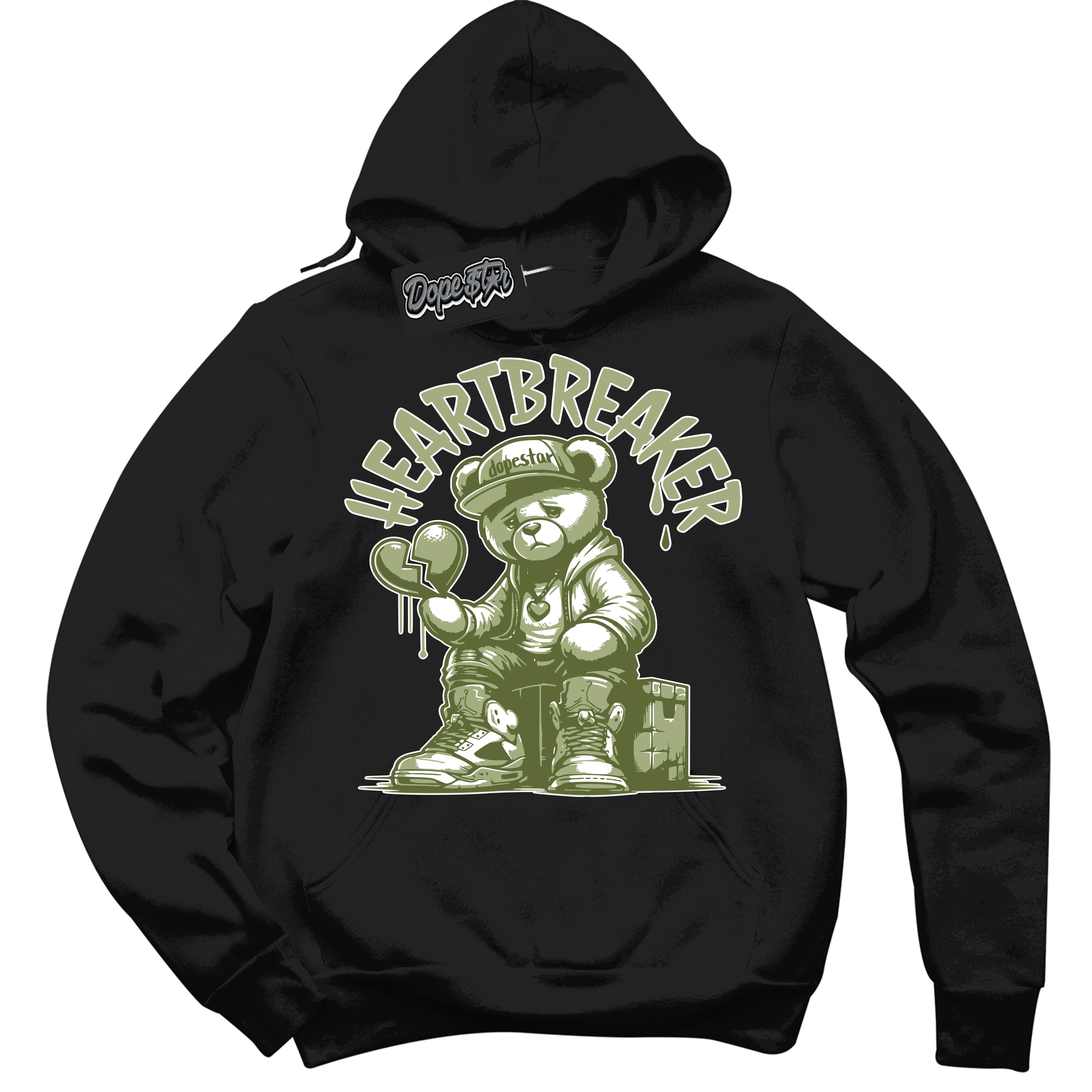 Cool Black Hoodie with “ Heartbreaker Bear ”  design that Perfectly Matches Safari Oil Green Dunk.