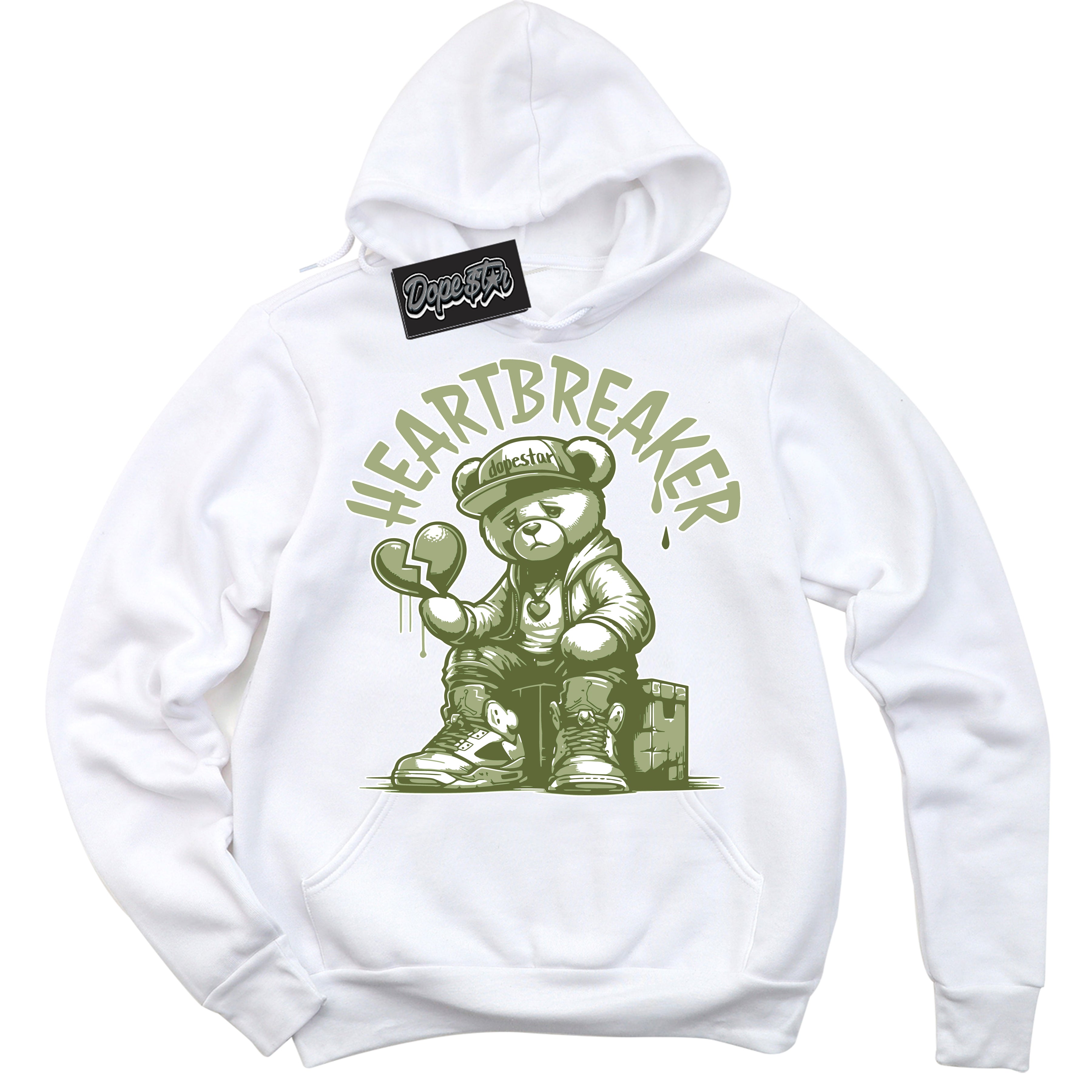 Cool White Hoodie with “ Heartbreaker Bear ”  design that Perfectly Matches Safari Oil Green Dunk.