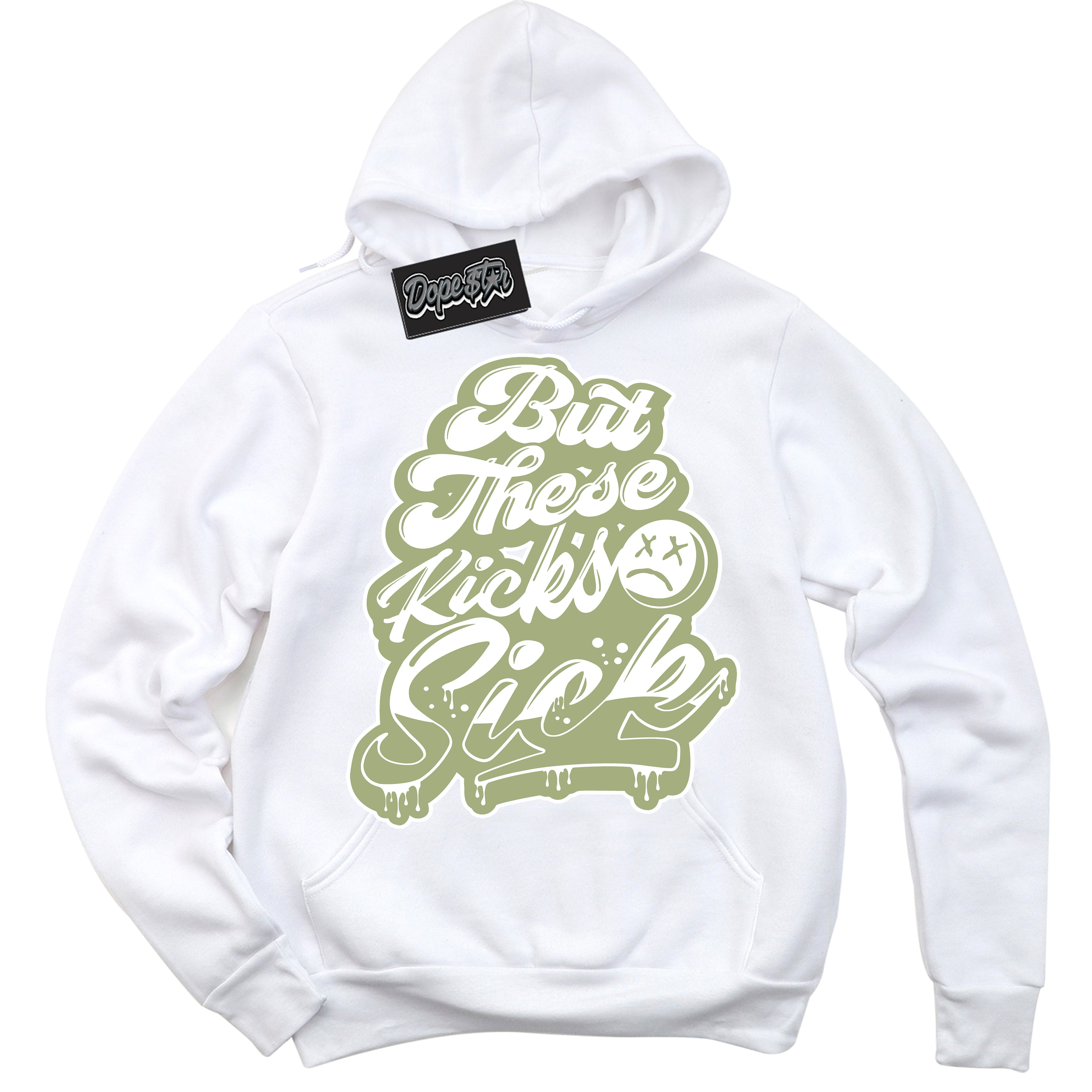 Cool White Hoodie with “ Kick Sick ”  design that Perfectly Matches Safari Oil Green Dunk.