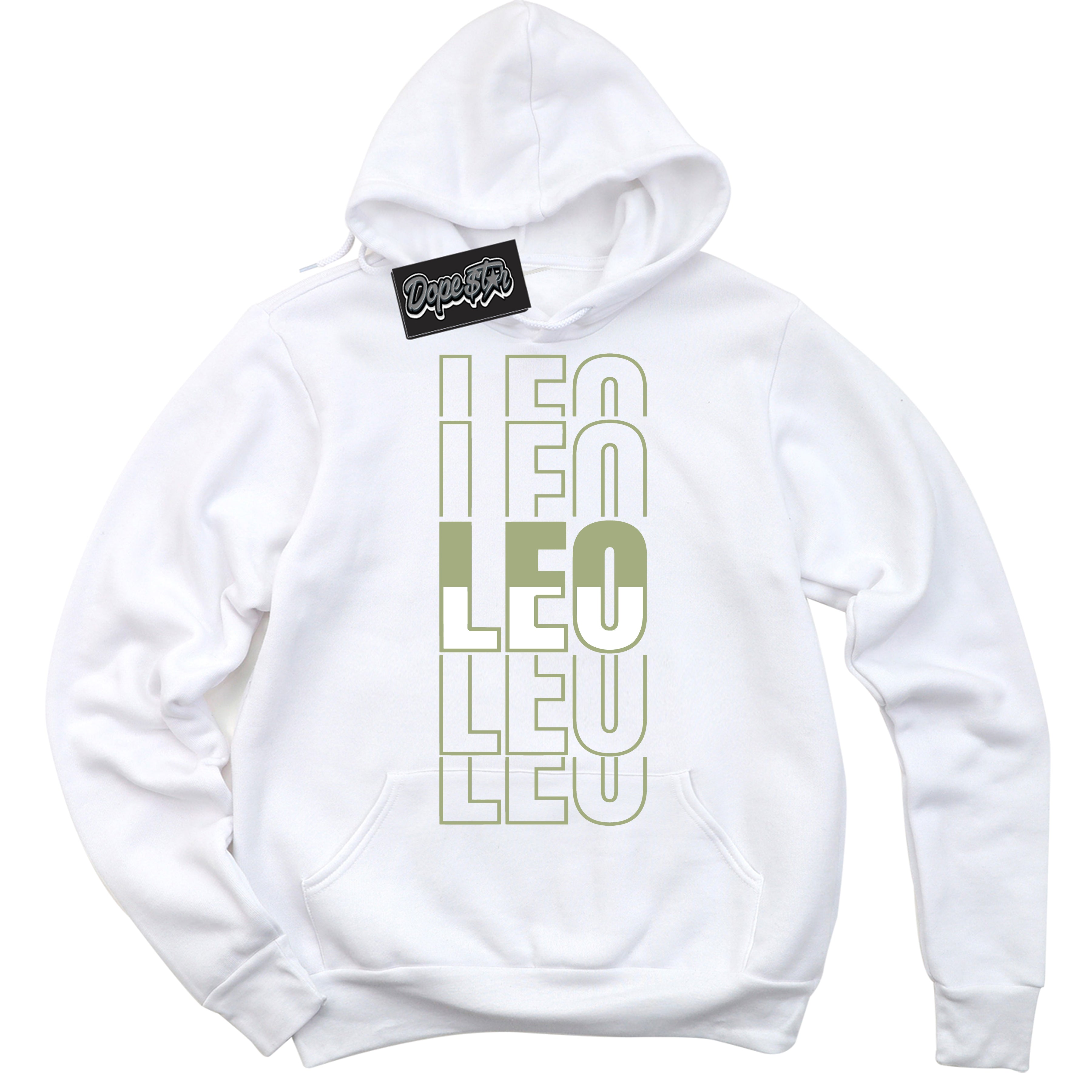 Cool White Hoodie with “ Leo ”  design that Perfectly Matches Safari Oil Green Dunk.