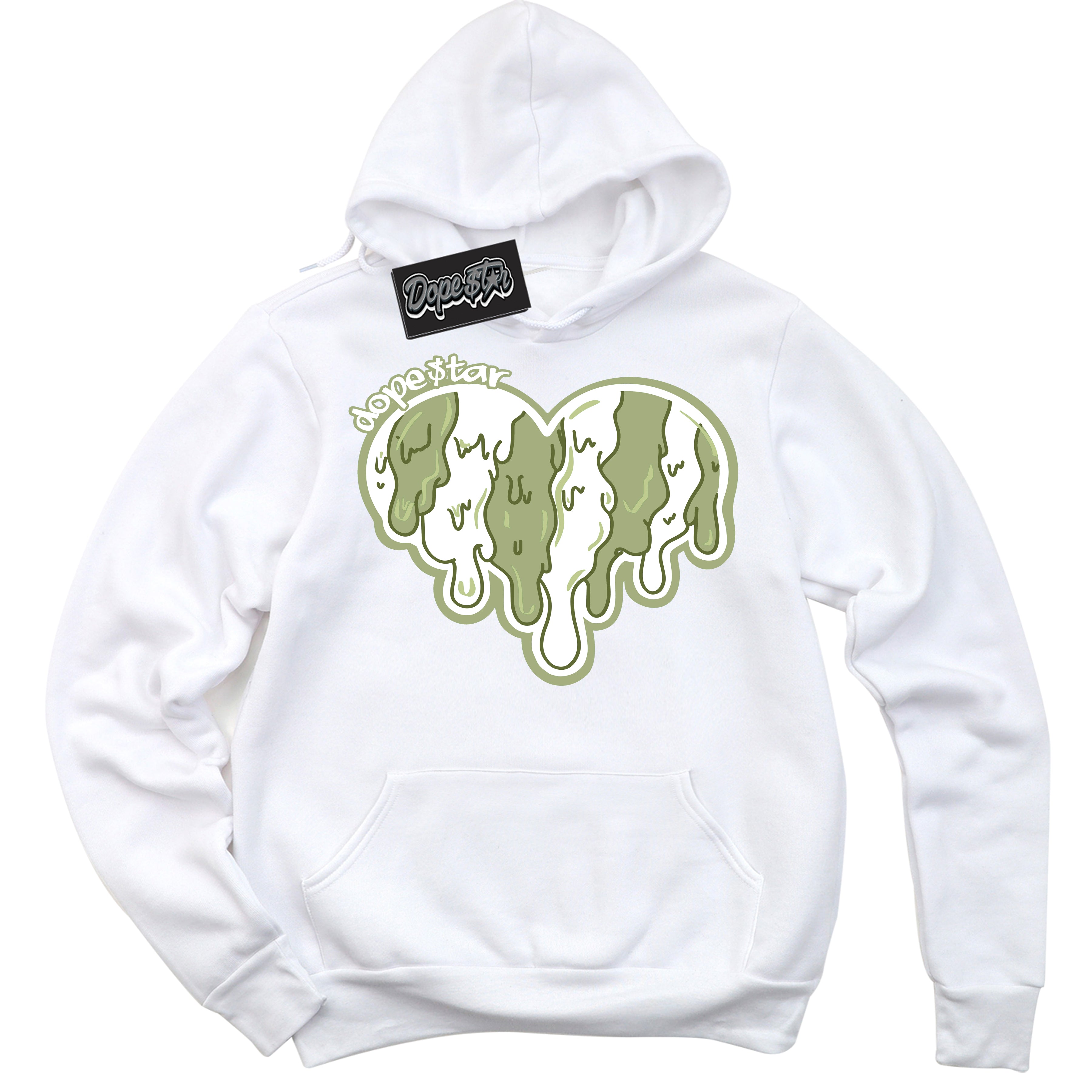 Cool White Hoodie with “ Melting Heart ”  design that Perfectly Matches Safari Oil Green Dunk.