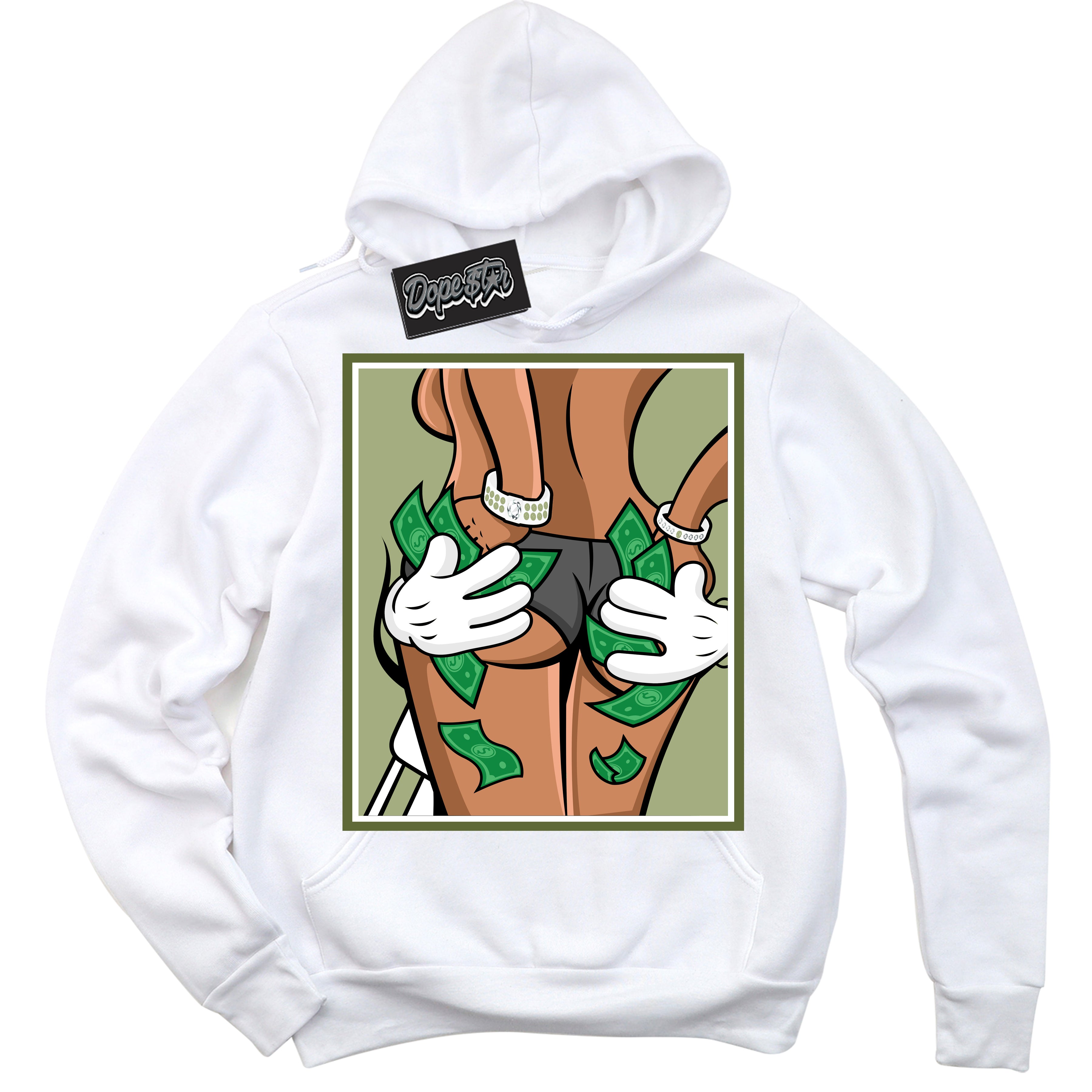 Cool White Hoodie with “ Money Hands ”  design that Perfectly Matches Safari Oil Green Dunk.