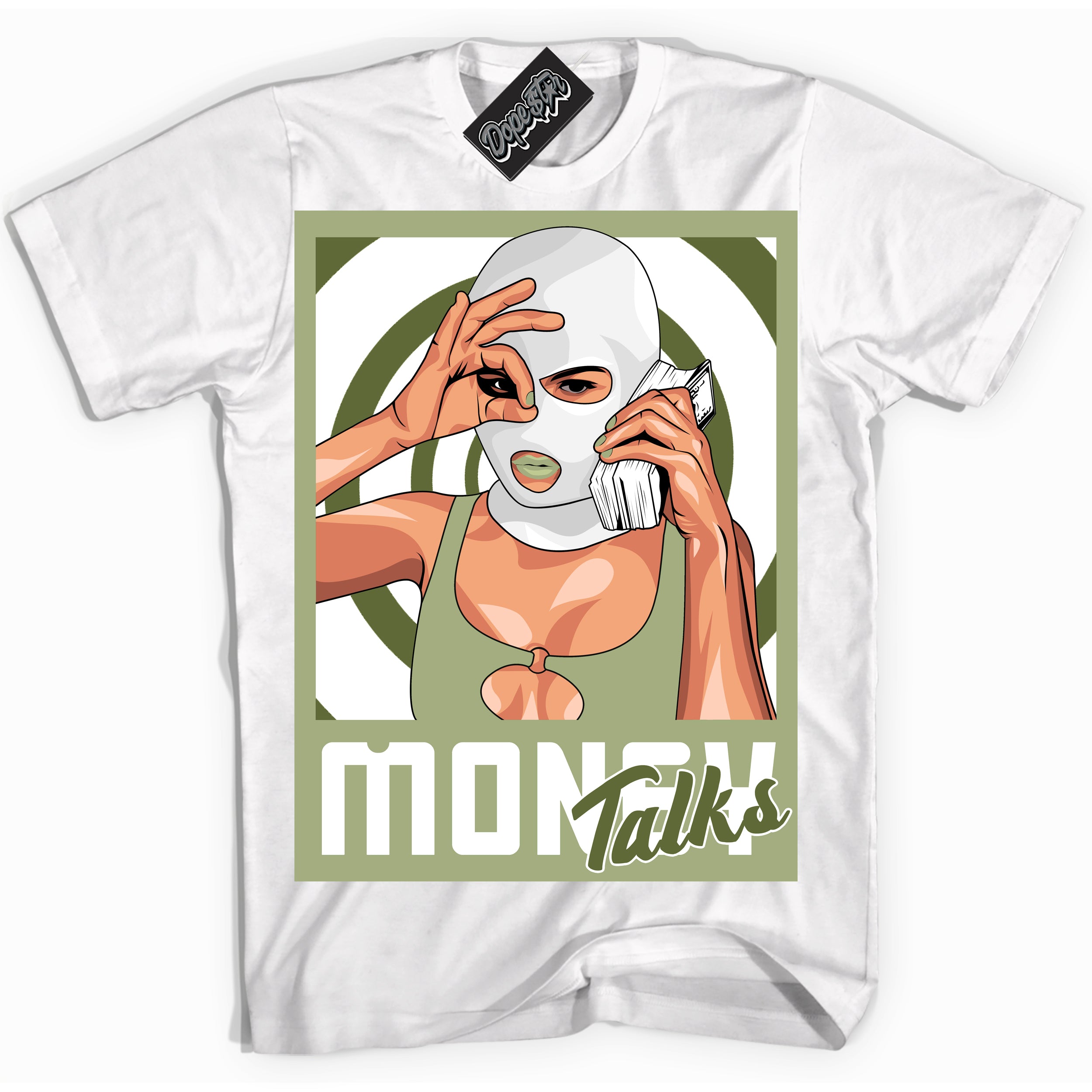 Cool White Shirt with “ Money Talks ” design that perfectly matches Safari Oil Green Dunk.