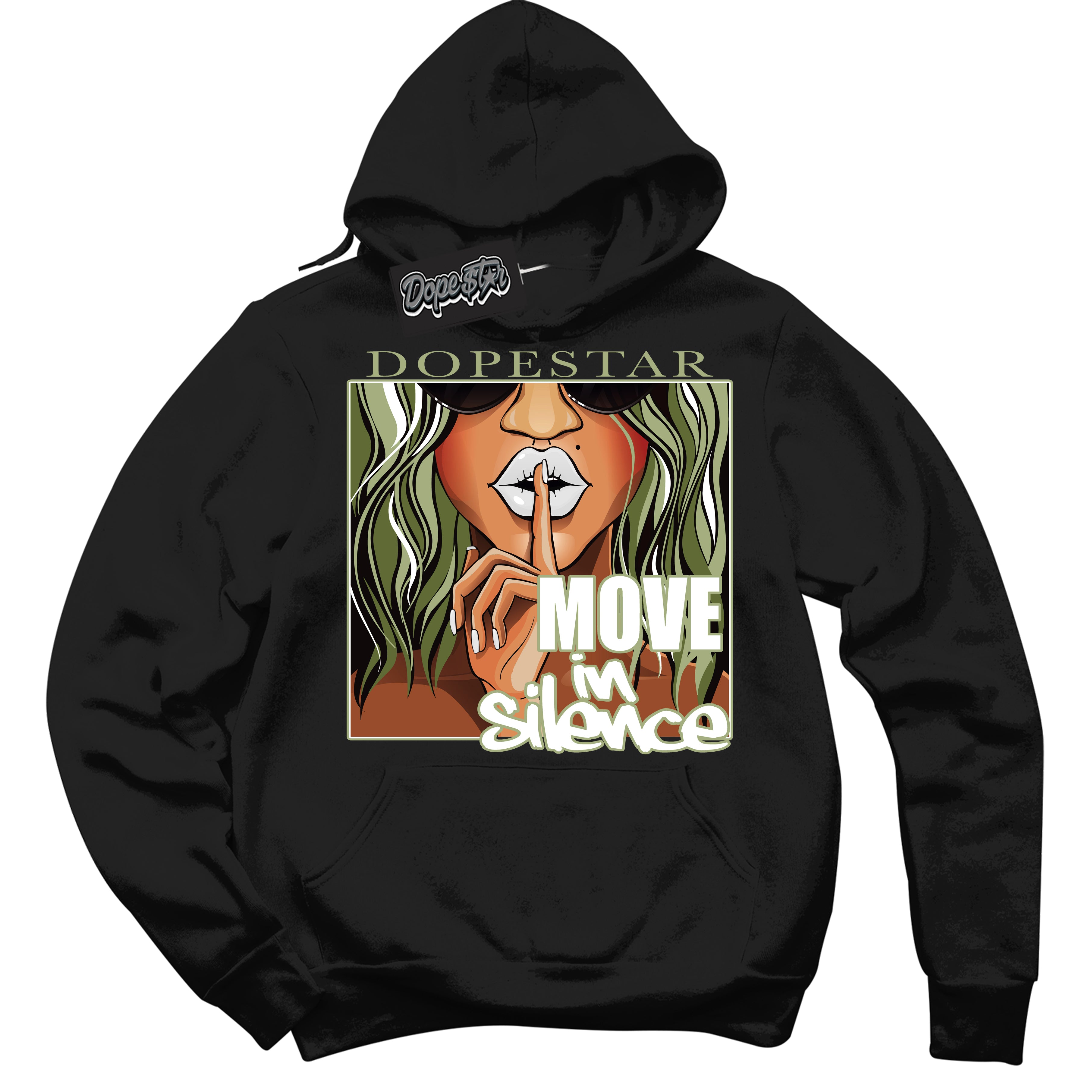 Cool Black Hoodie with “ Move In Silence ”  design that Perfectly Matches Safari Oil Green Dunk.