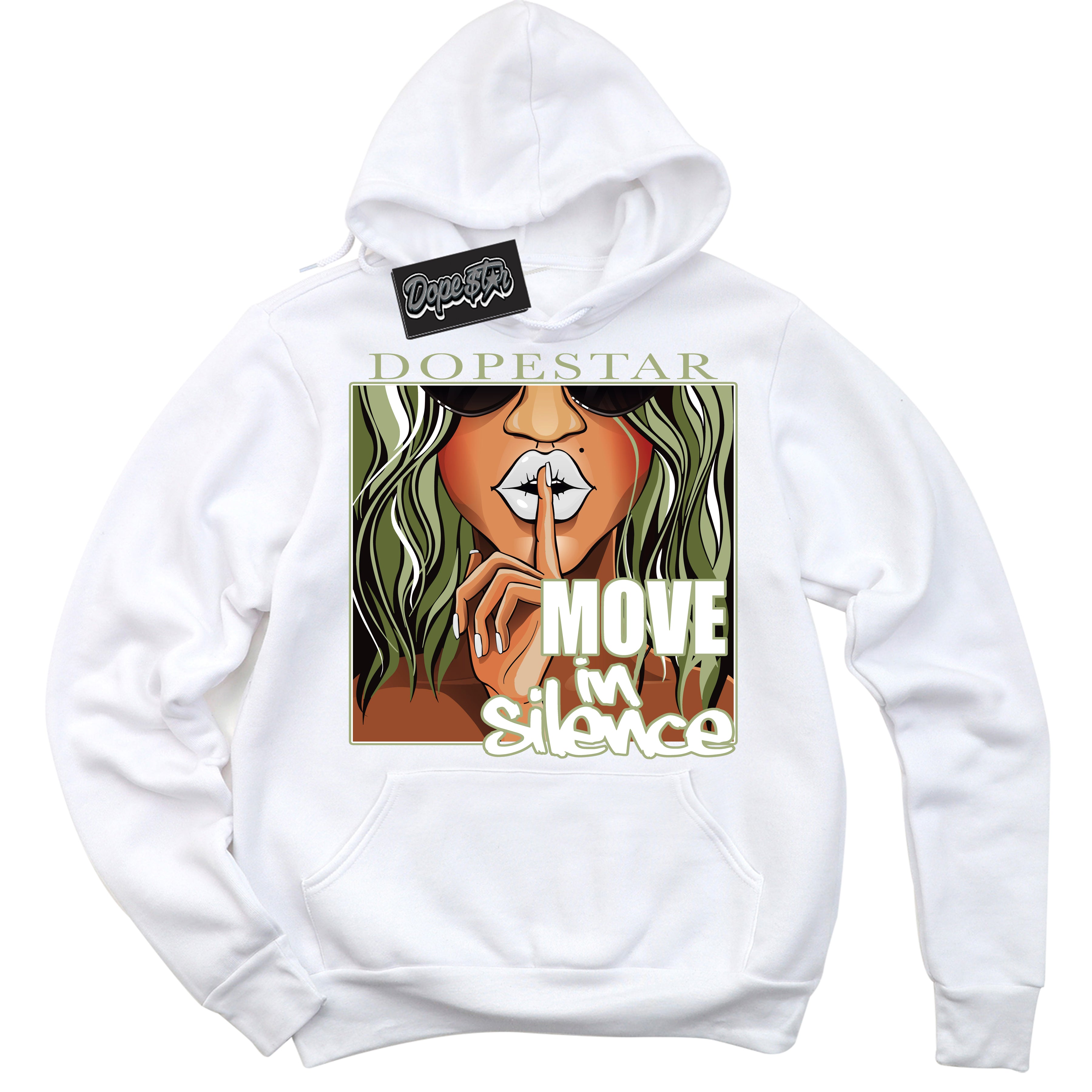 Cool White Hoodie with “ Move In Silence ”  design that Perfectly Matches Safari Oil Green Dunk.