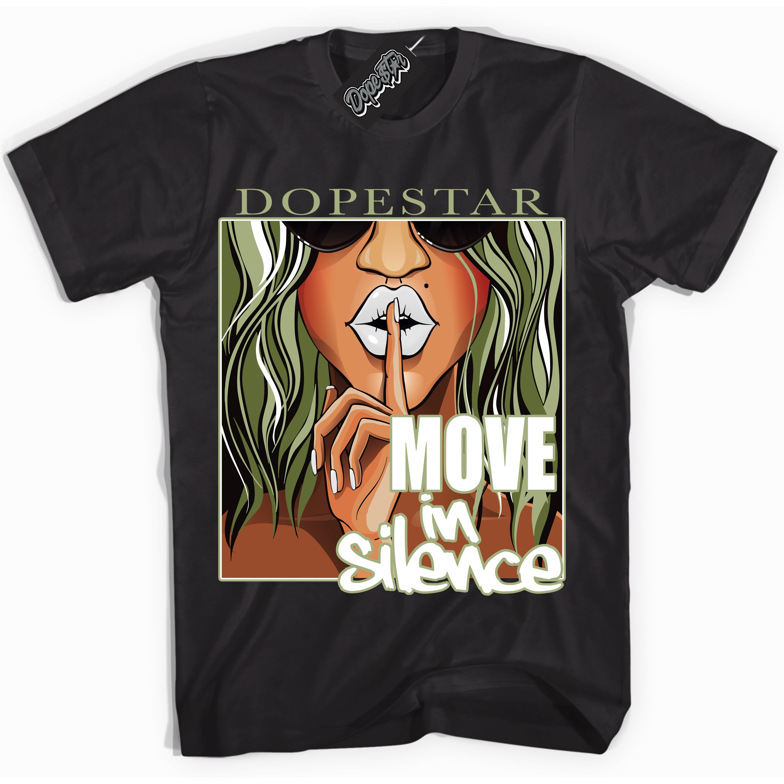 Cool Black Shirt with “ Move In Silence ” design that perfectly matches Safari Oil Green Dunk.