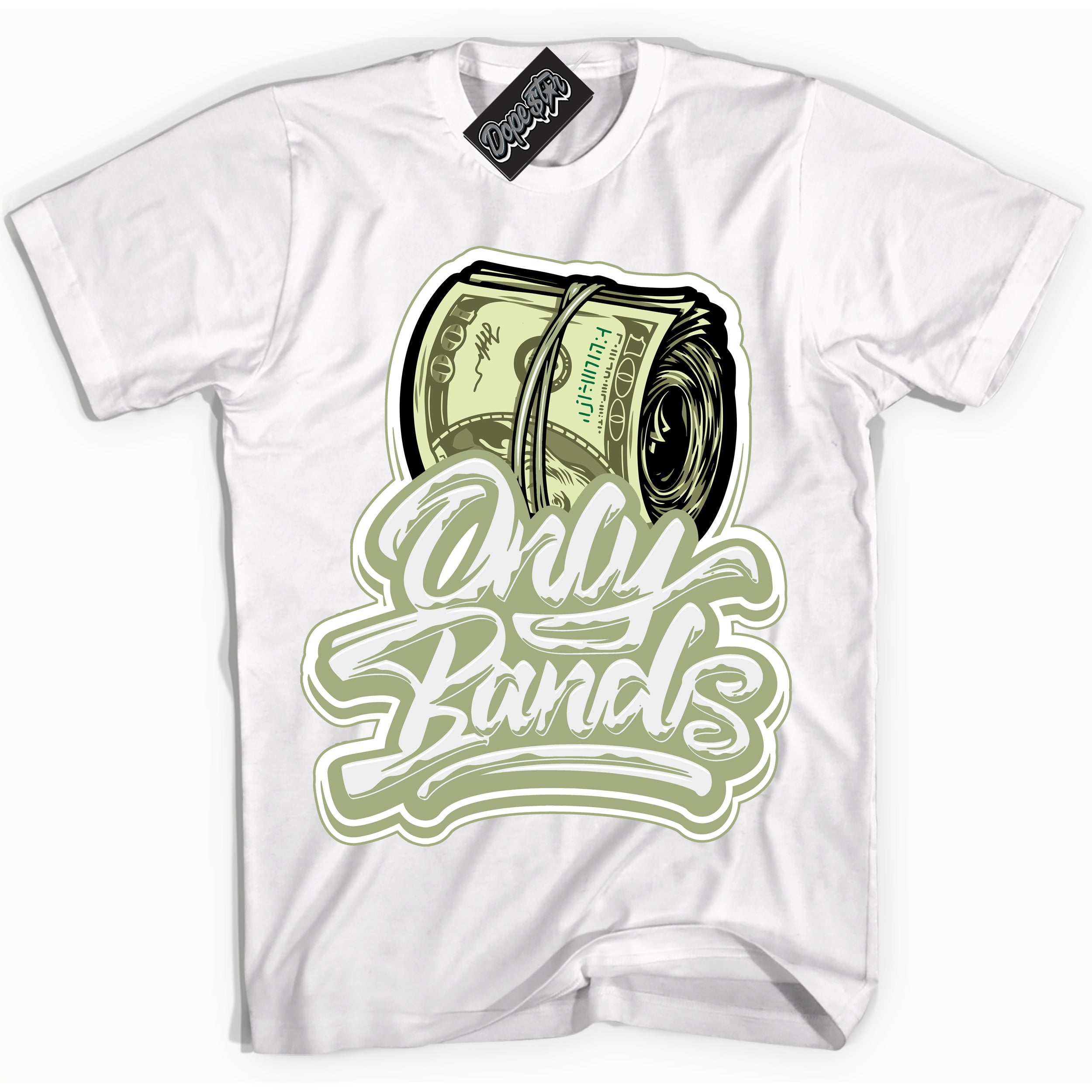 Cool White Shirt with “ Only Bands ” design that perfectly matches Safari Oil Green Dunk.
