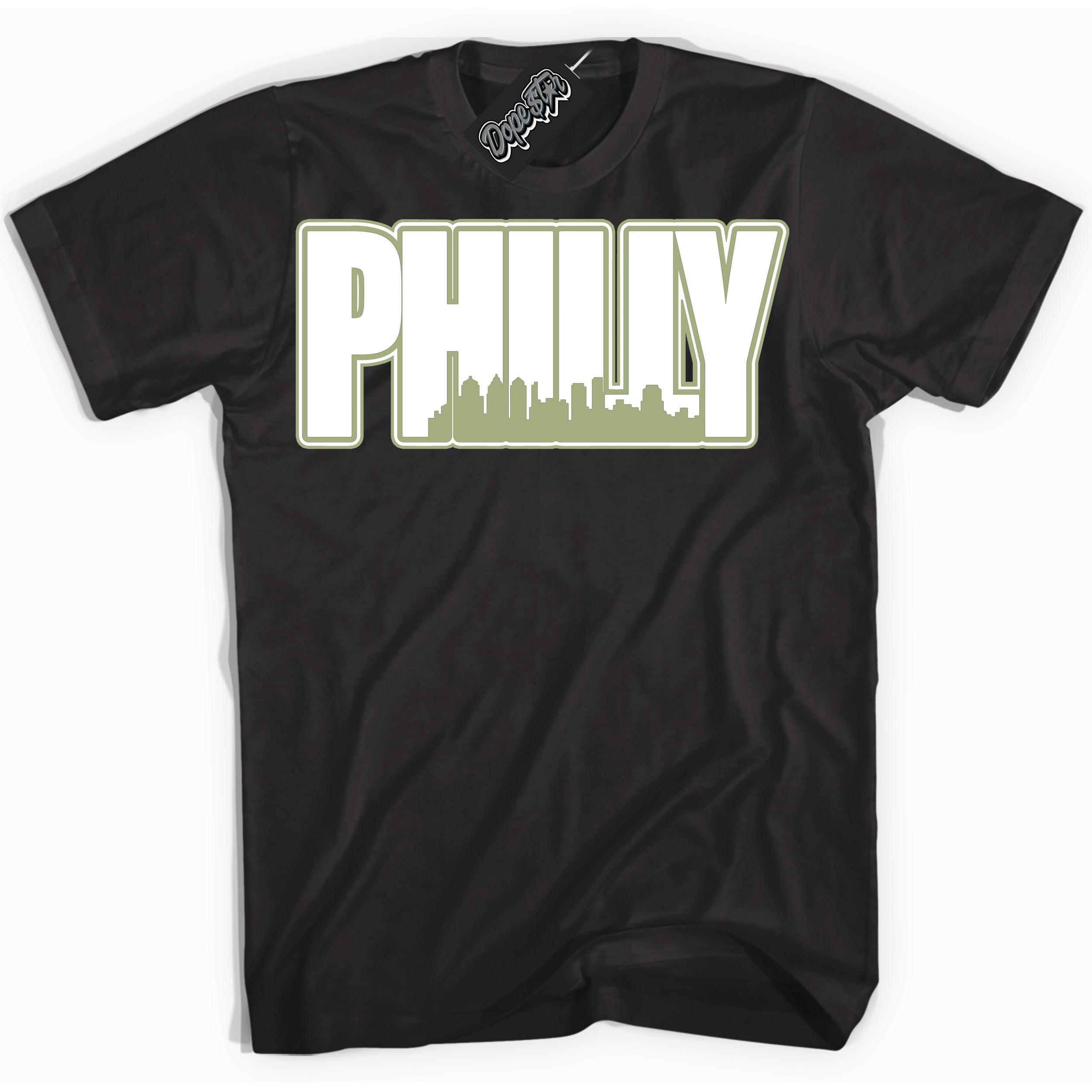 Cool Black Shirt with “ Philly ” design that perfectly matches Safari Oil Green Dunk.