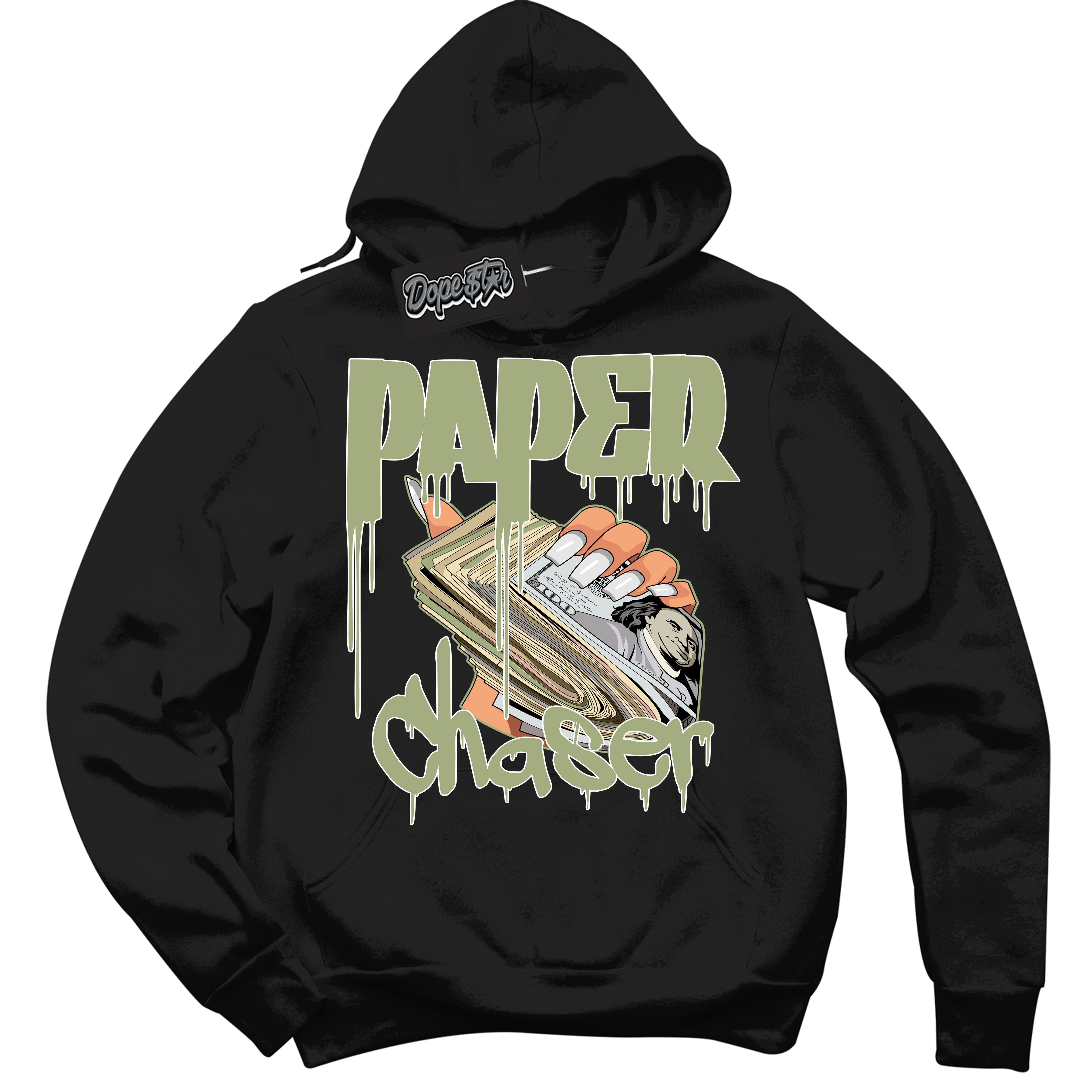 Cool Black Hoodie with “ Paper Chaser ”  design that Perfectly Matches Safari Oil Green Dunk.