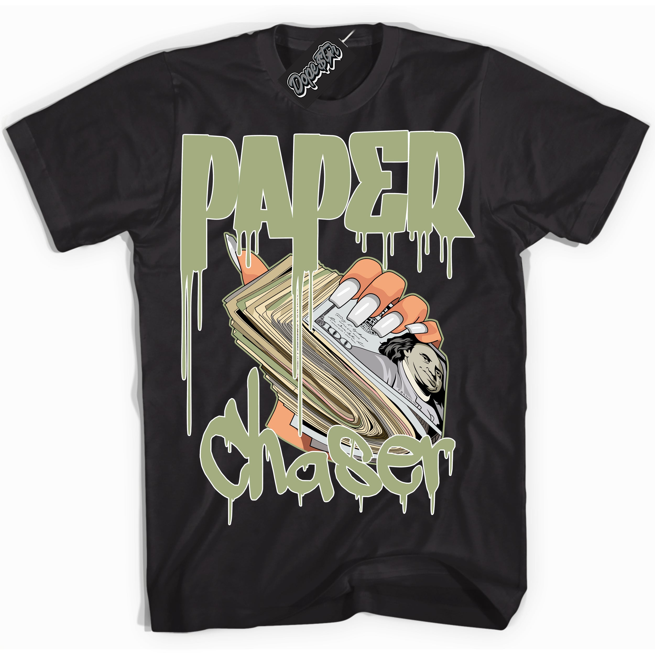 Cool Black Shirt with “ Paper Chaser ” design that perfectly matches Safari Oil Green Dunk.