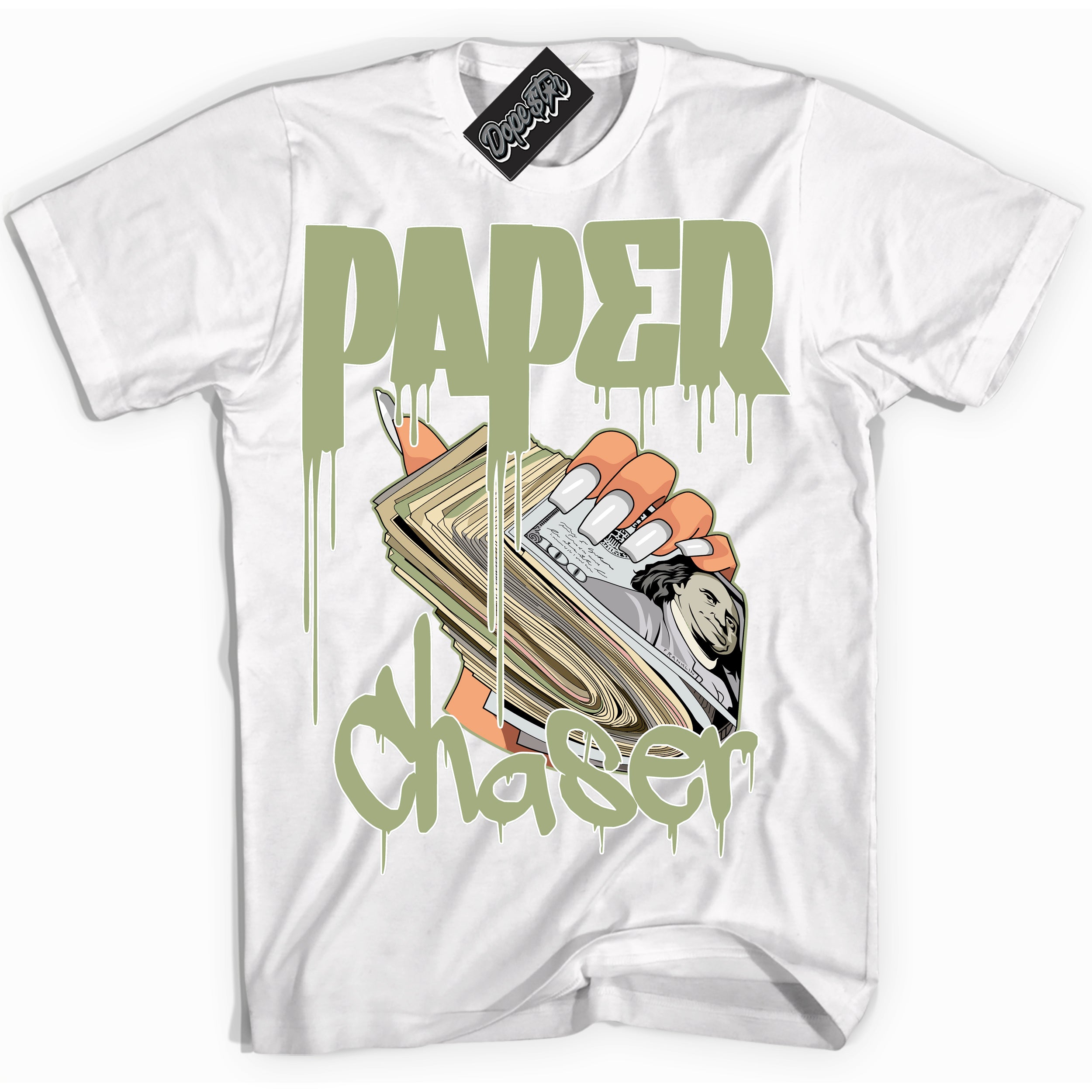 Cool White Shirt with “ Paper Chaser ” design that perfectly matches Safari Oil Green Dunk.