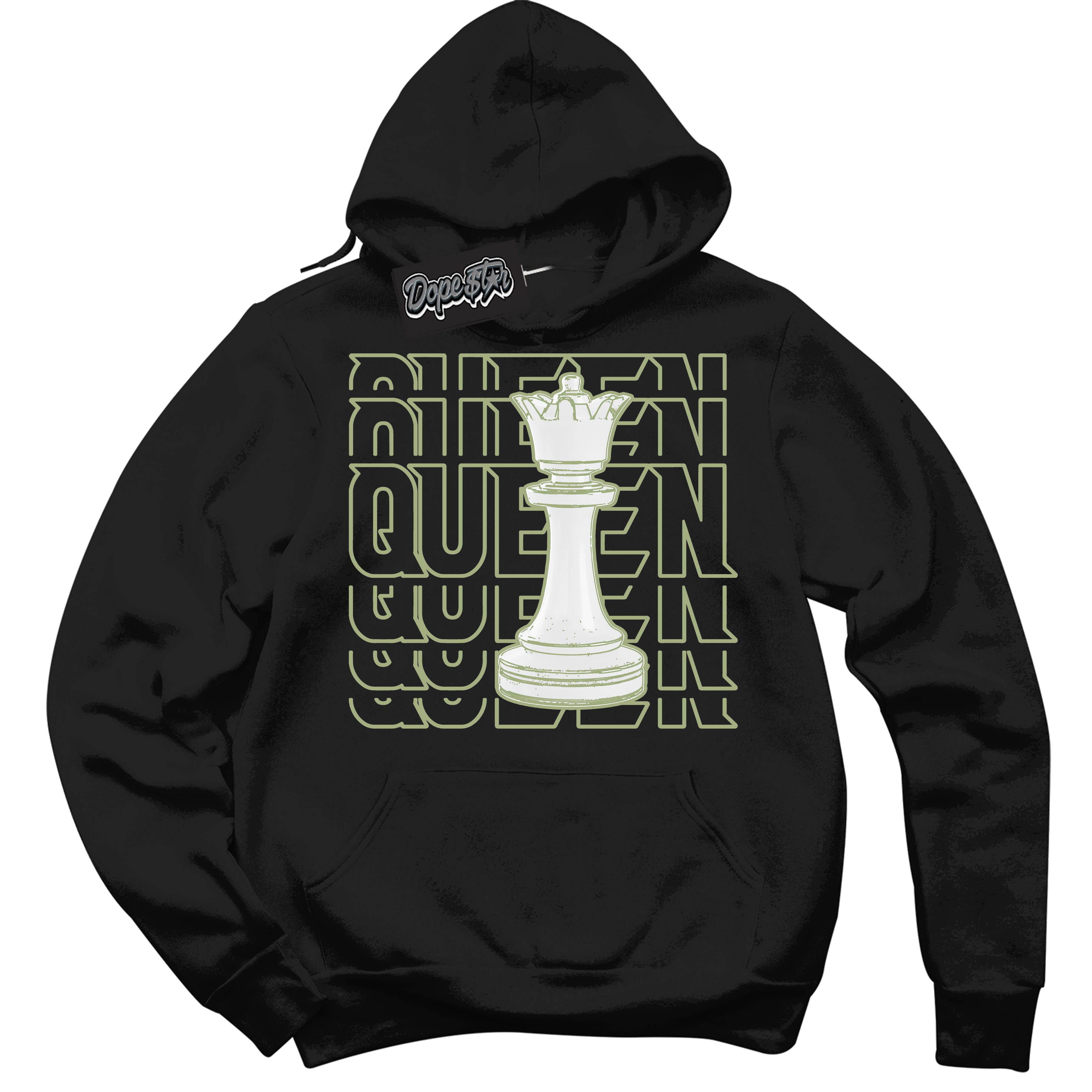 Cool Black Hoodie with “ Queen Chess ”  design that Perfectly Matches Safari Oil Green Dunk.