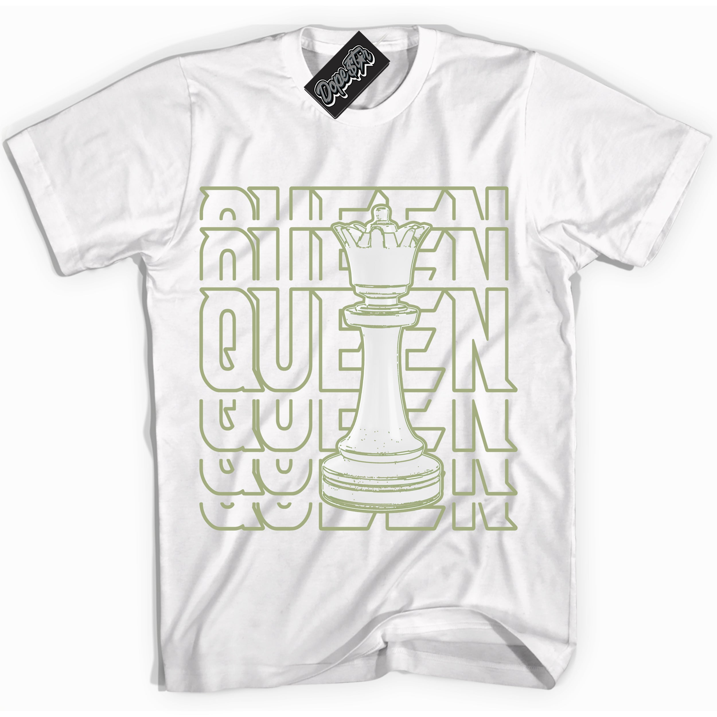 Cool White Shirt with “ Queen Chess ” design that perfectly matches Safari Oil Green Dunk.
