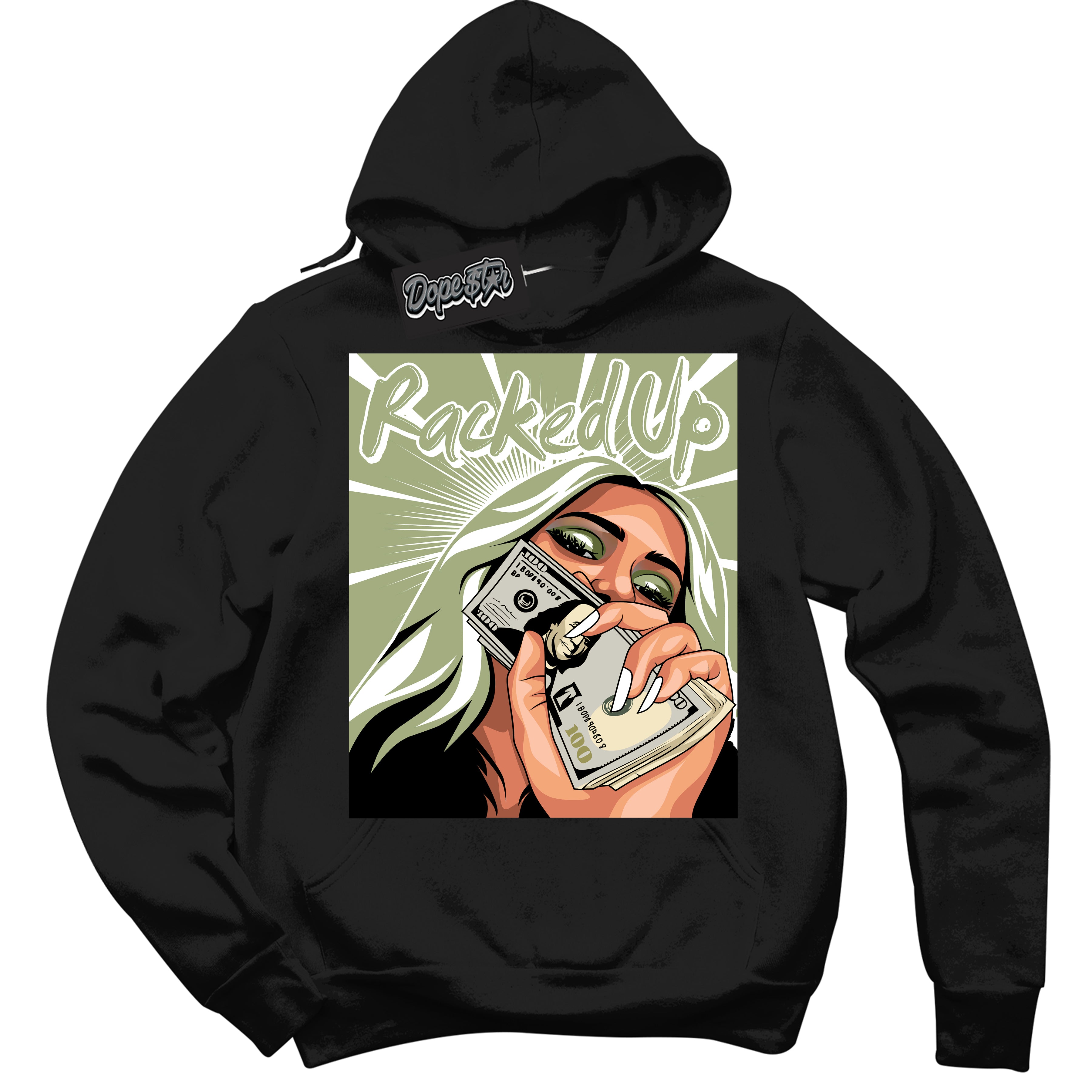 Cool Black Hoodie with “ Racked Up ”  design that Perfectly Matches Safari Oil Green Dunk.