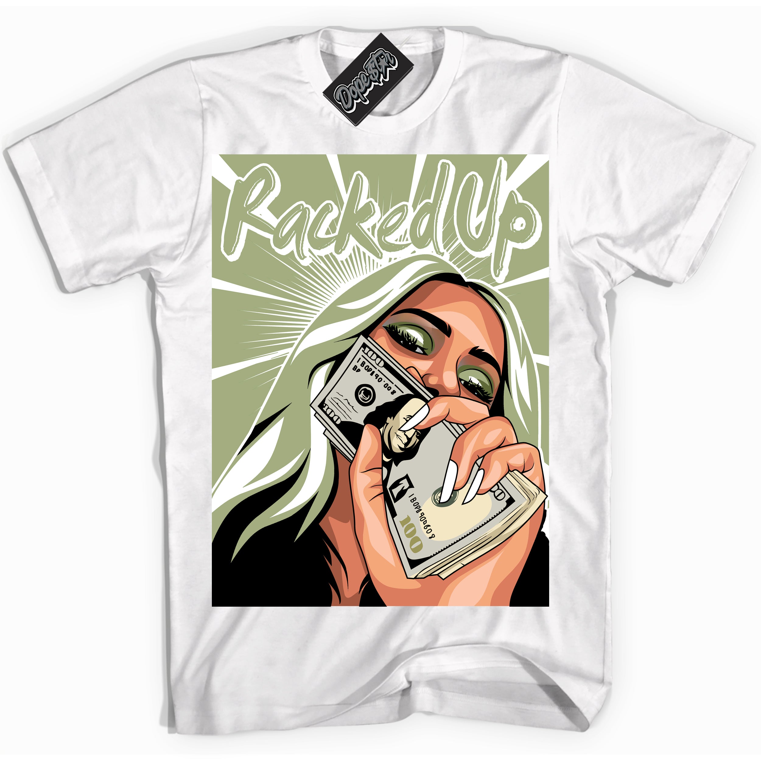 Cool White Shirt with “ Racked Up ” design that perfectly matches Safari Oil Green Dunk.