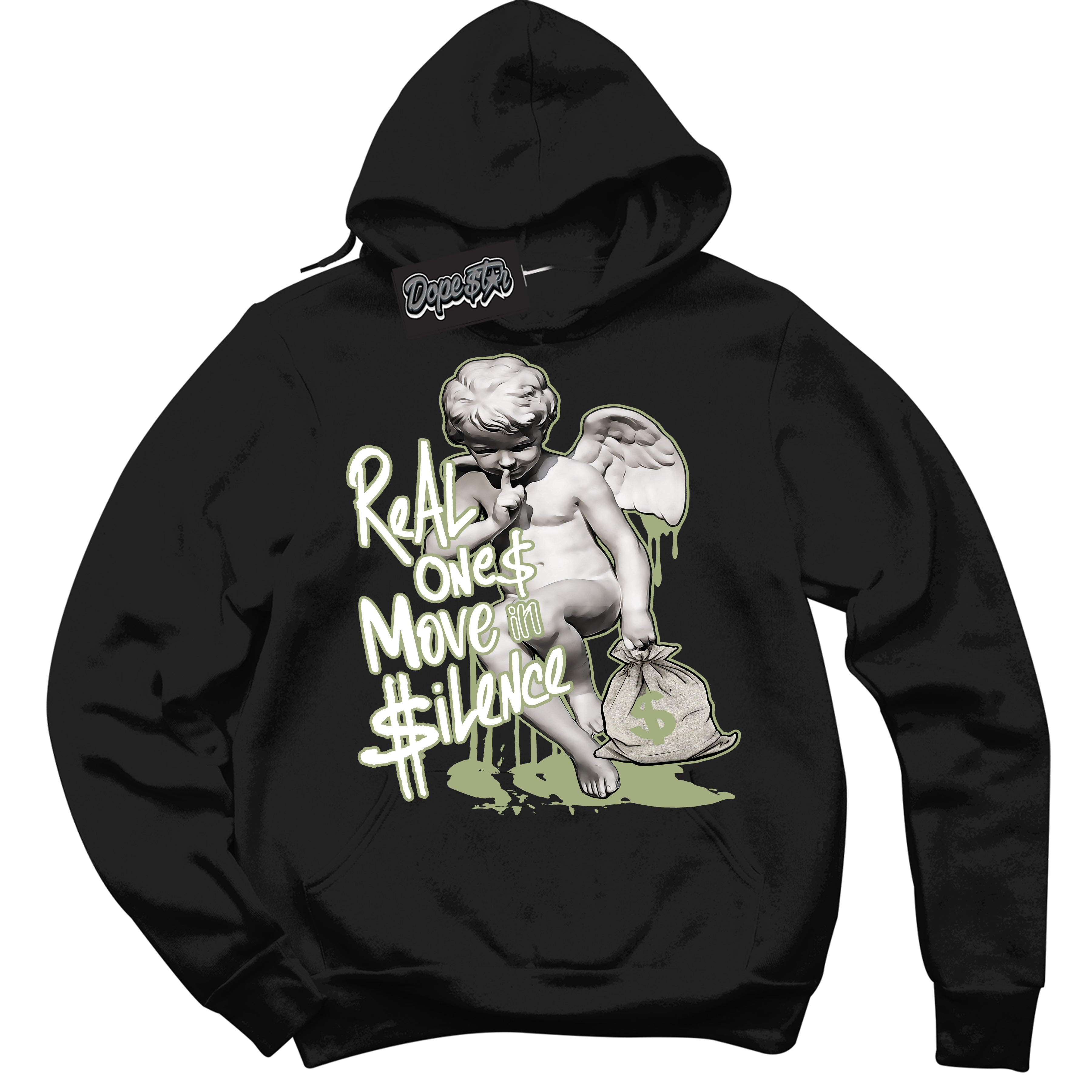Cool Black Hoodie with “ Real Ones Cherub ”  design that Perfectly Matches Safari Oil Green Dunk.